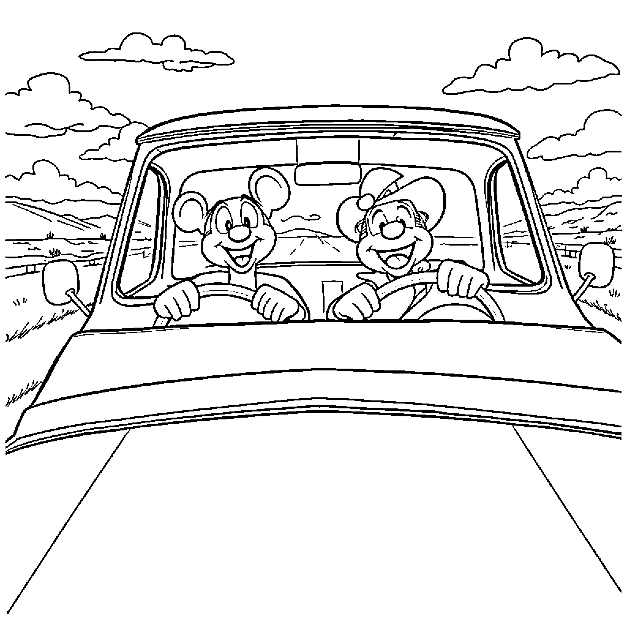 Bluey and friends driving through the countryside Coloring Page (free black-and-white line drawing printable PDF for all, from beginners to advanced learners, including children, teens, adults, and seniors)