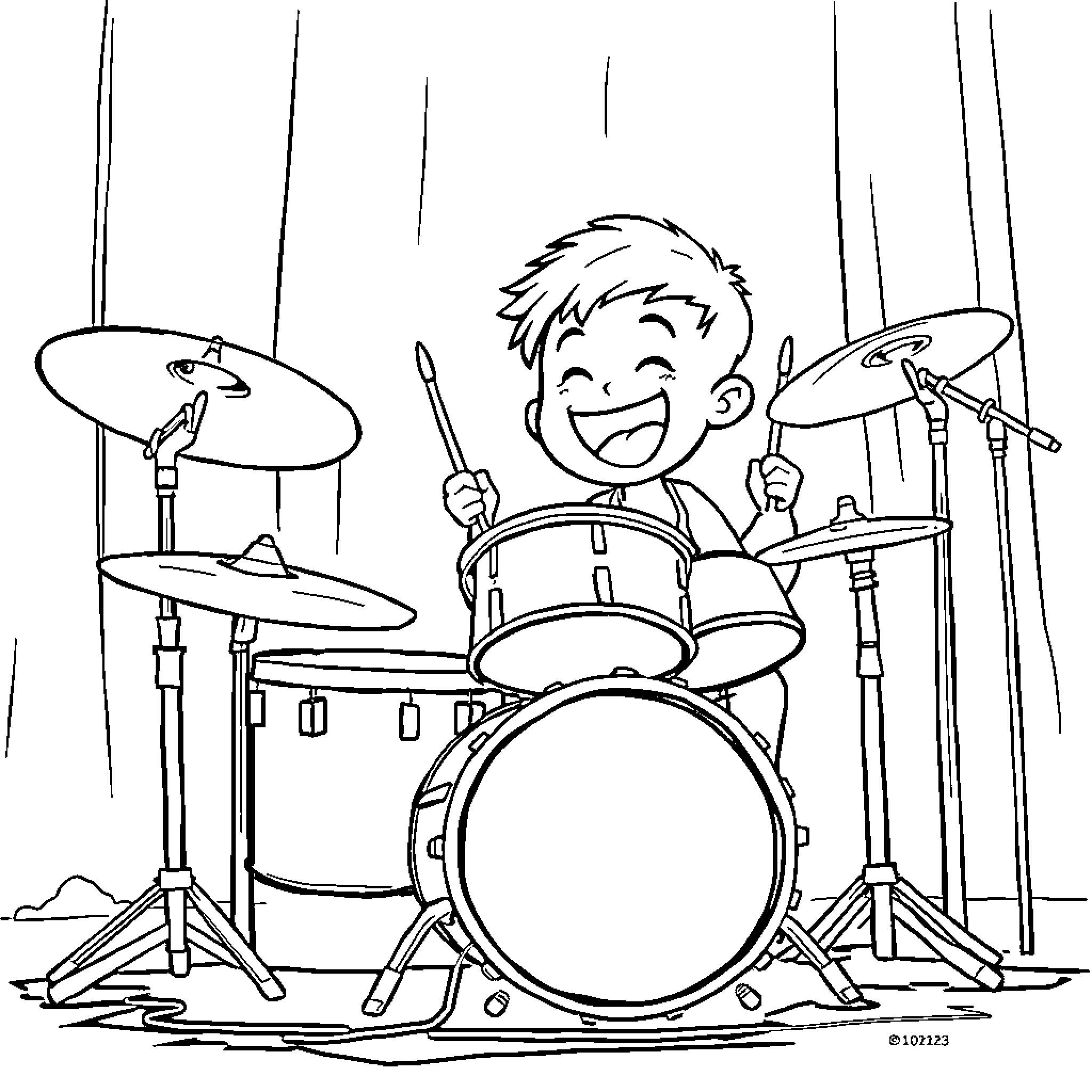 Binding of Isaac: Joyful Drummer Boy's Performance Coloring Page (free black-and-white line drawing printable PDF for all, from beginners to advanced learners, including children, teens, adults, and seniors)