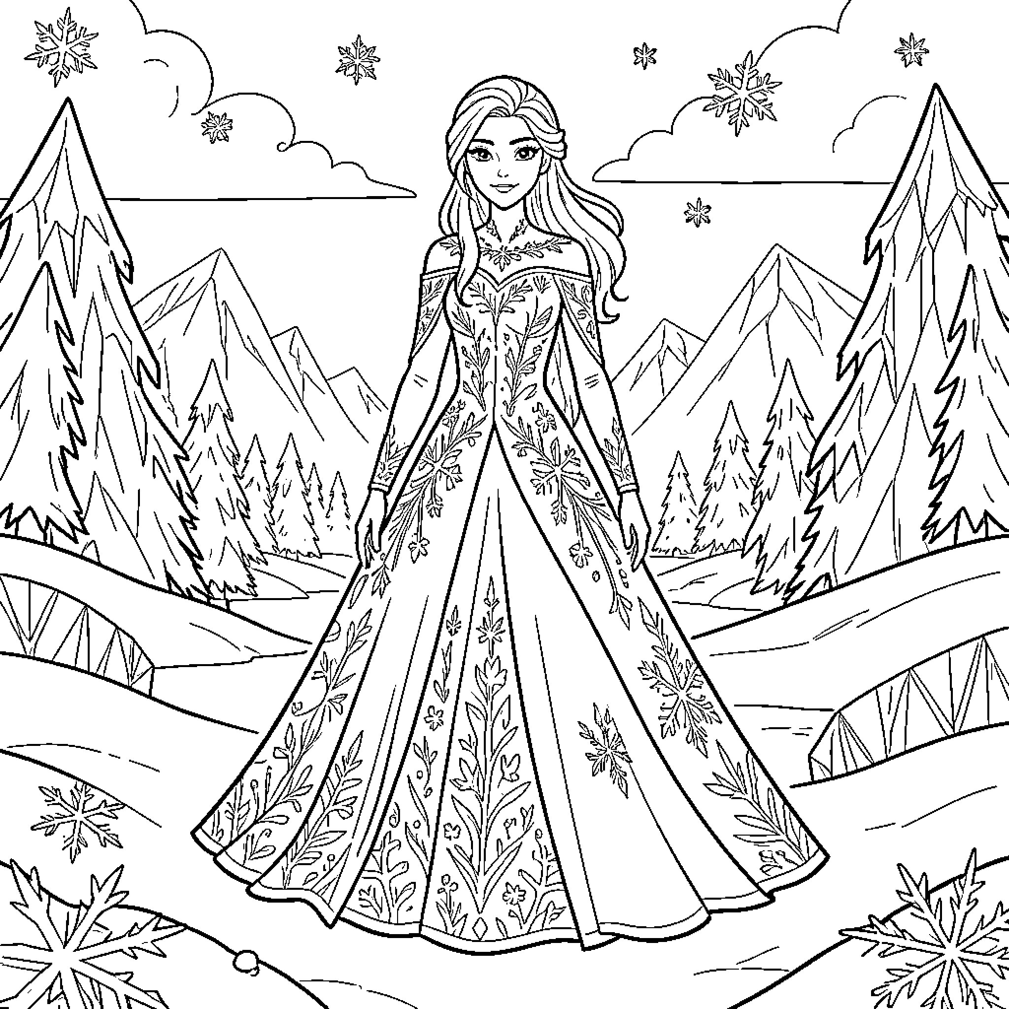 Snow Queen standing regally in a wintry mountain landscape Coloring Page (free black-and-white line drawing printable PDF for all, from beginners to advanced learners, including children, teens, adults, and seniors)