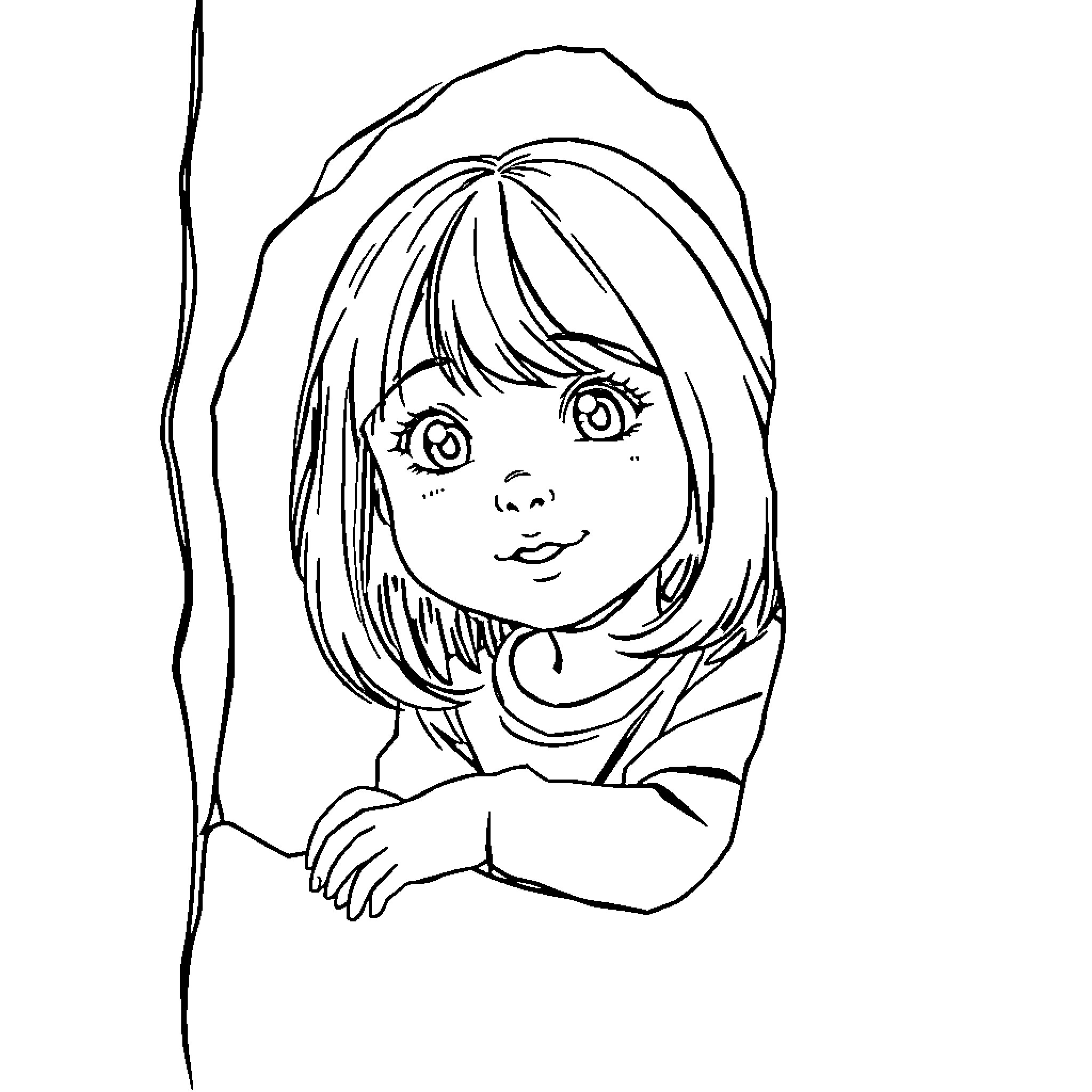 Girl peering curiously from behind a tree Coloring Page (free black-and-white line drawing printable PDF for all, from beginners to advanced learners, including children, teens, adults, and seniors)