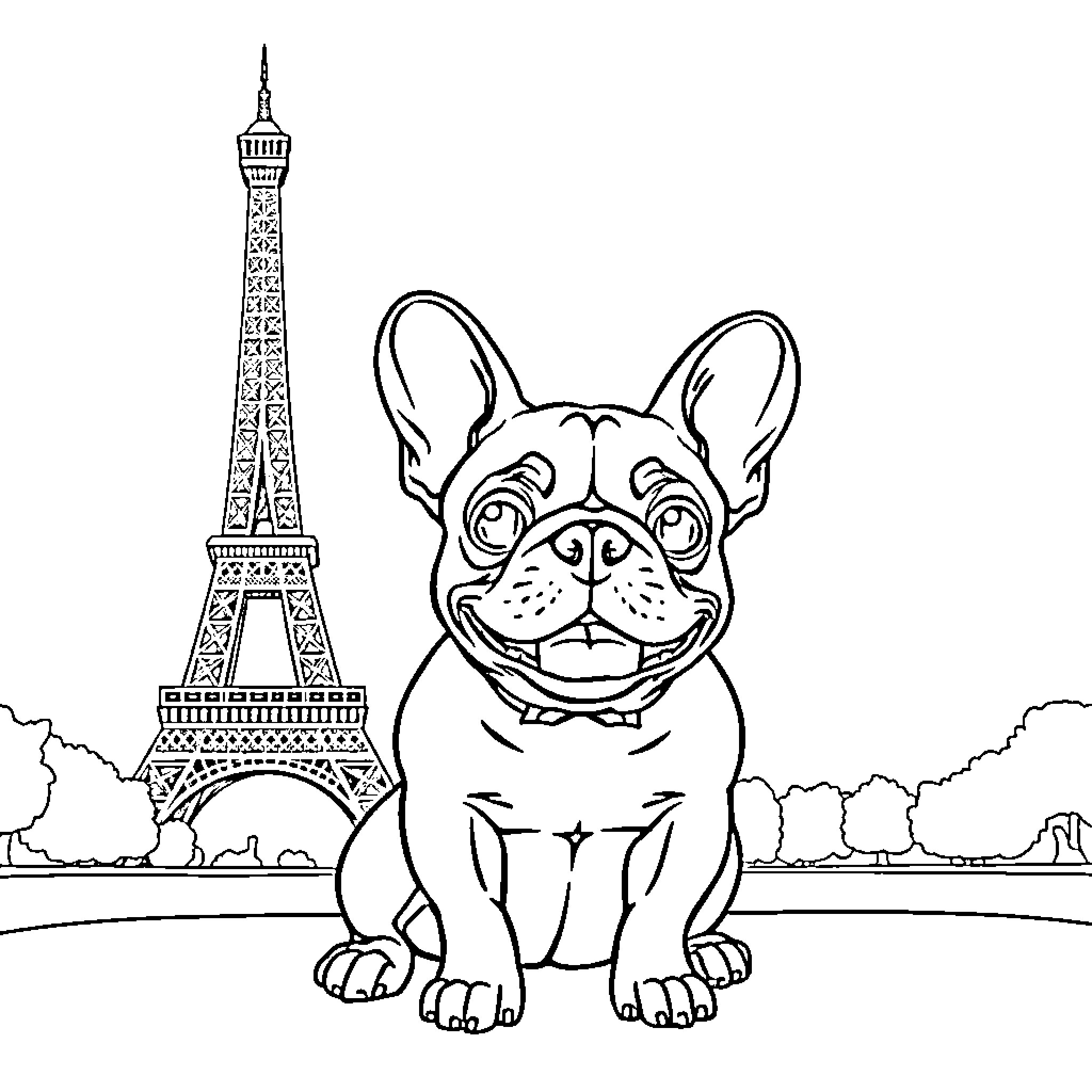 French Bulldog posing in front of Eiffel Tower Coloring Page (free black-and-white line drawing printable PDF for all, from beginners to advanced learners, including children, teens, adults, and seniors)
