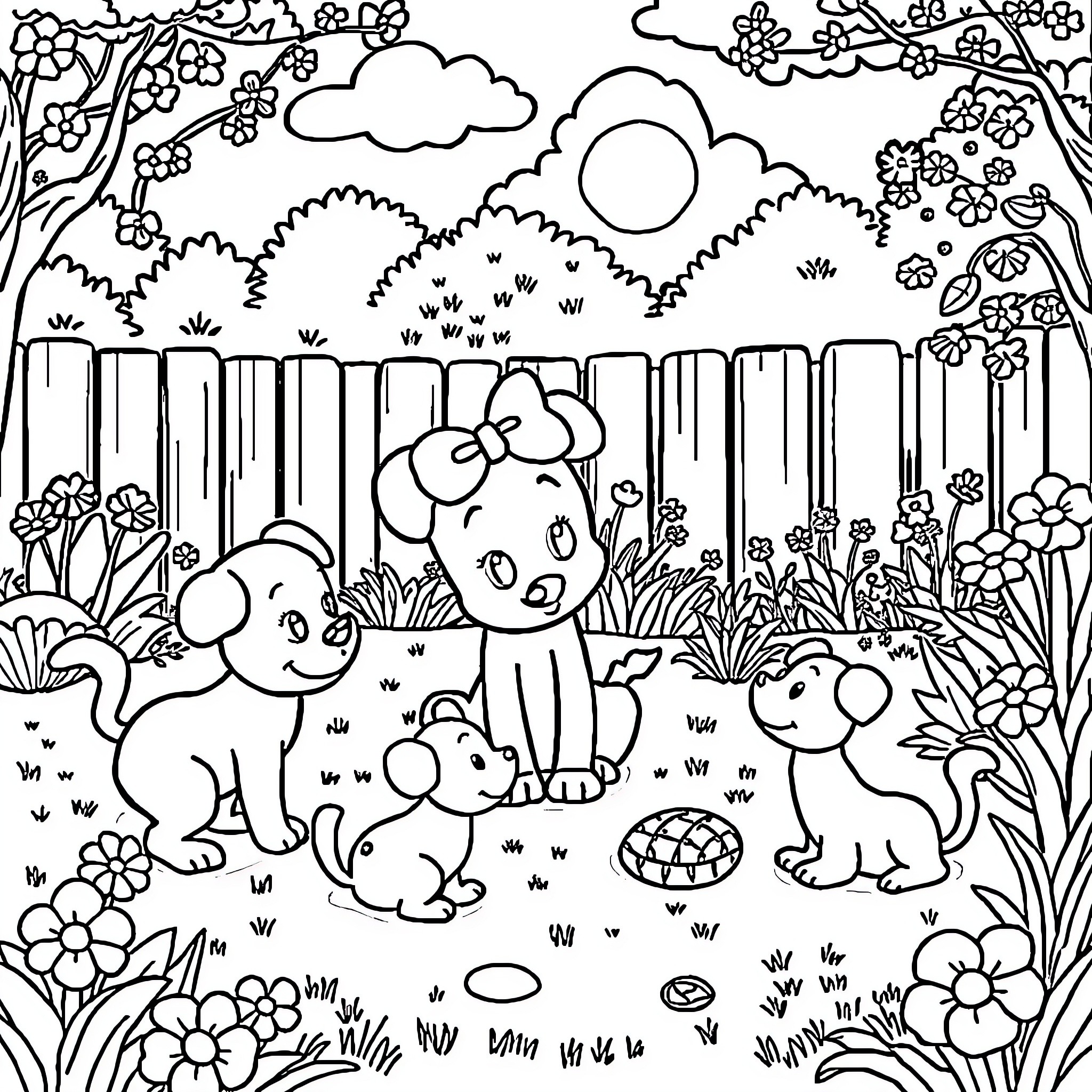 Bluey's Springtime Playdate with Friends Coloring Page (free black-and-white line drawing printable PDF for all, from beginners to advanced learners, including children, teens, adults, and seniors)