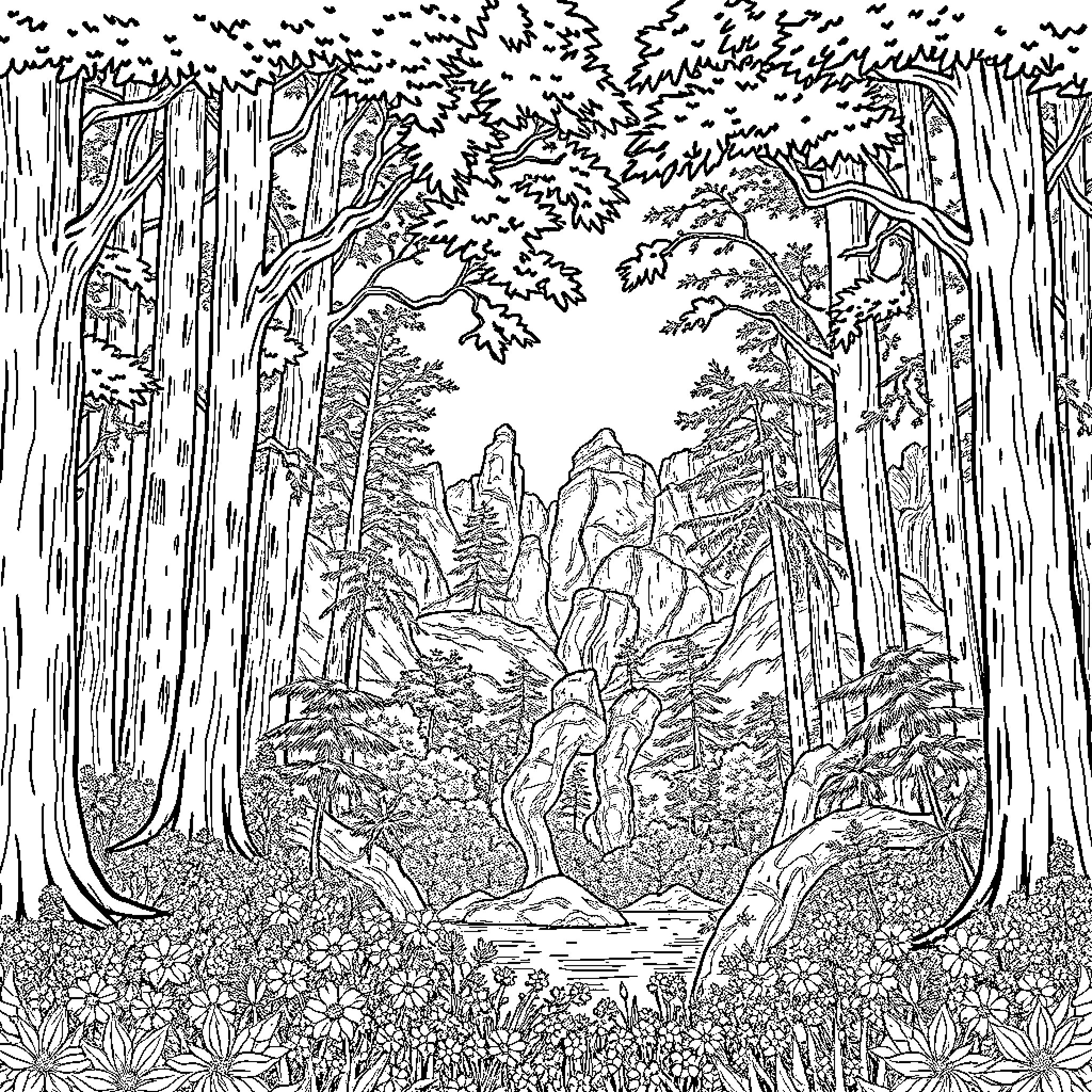 Forest trail through dense woodland landscape Coloring Page (free black-and-white line drawing printable PDF for all, from beginners to advanced learners, including children, teens, adults, and seniors)