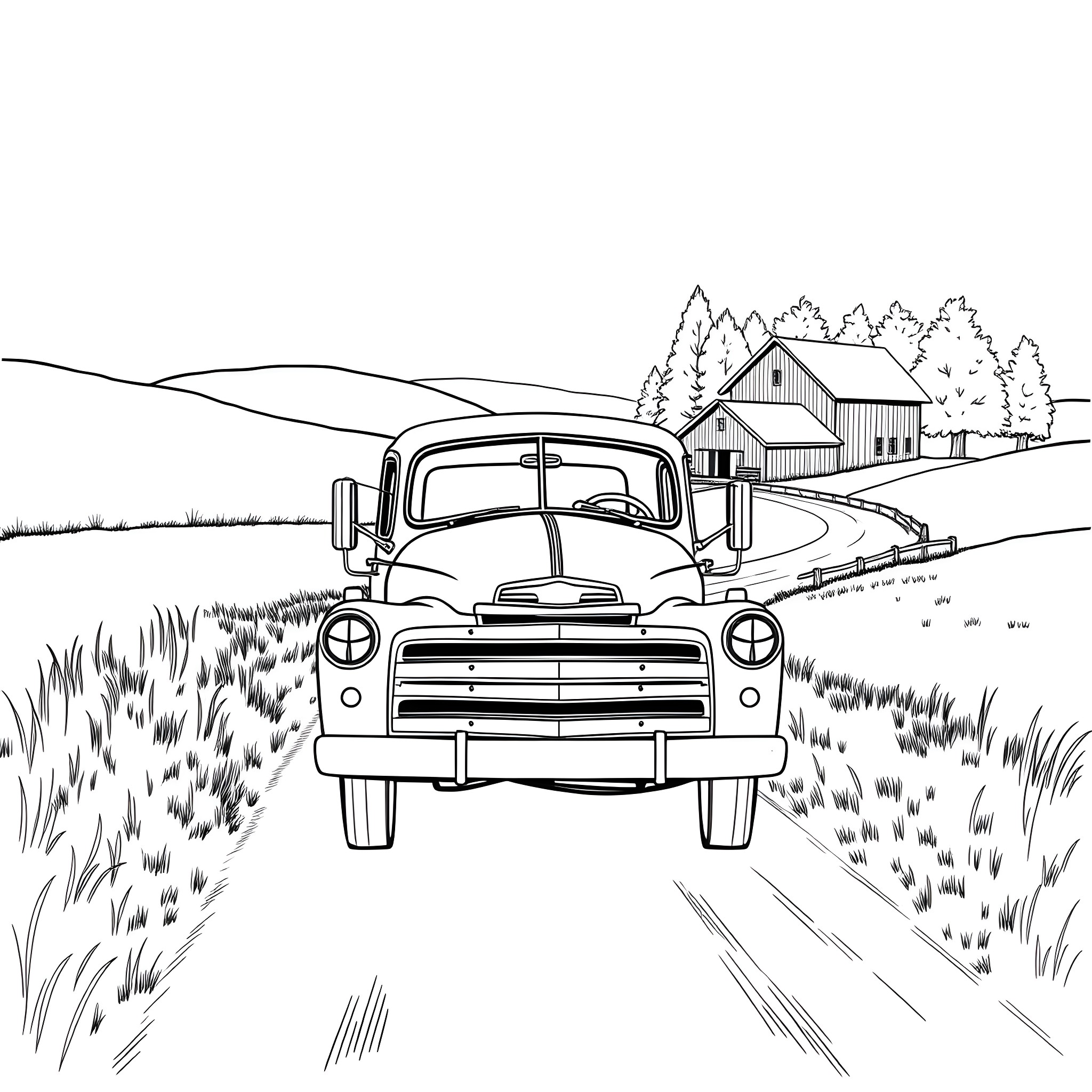 Truck transporting goods through rural countryside Coloring Page (free black-and-white line drawing printable PDF for all, from beginners to advanced learners, including children, teens, adults, and seniors)