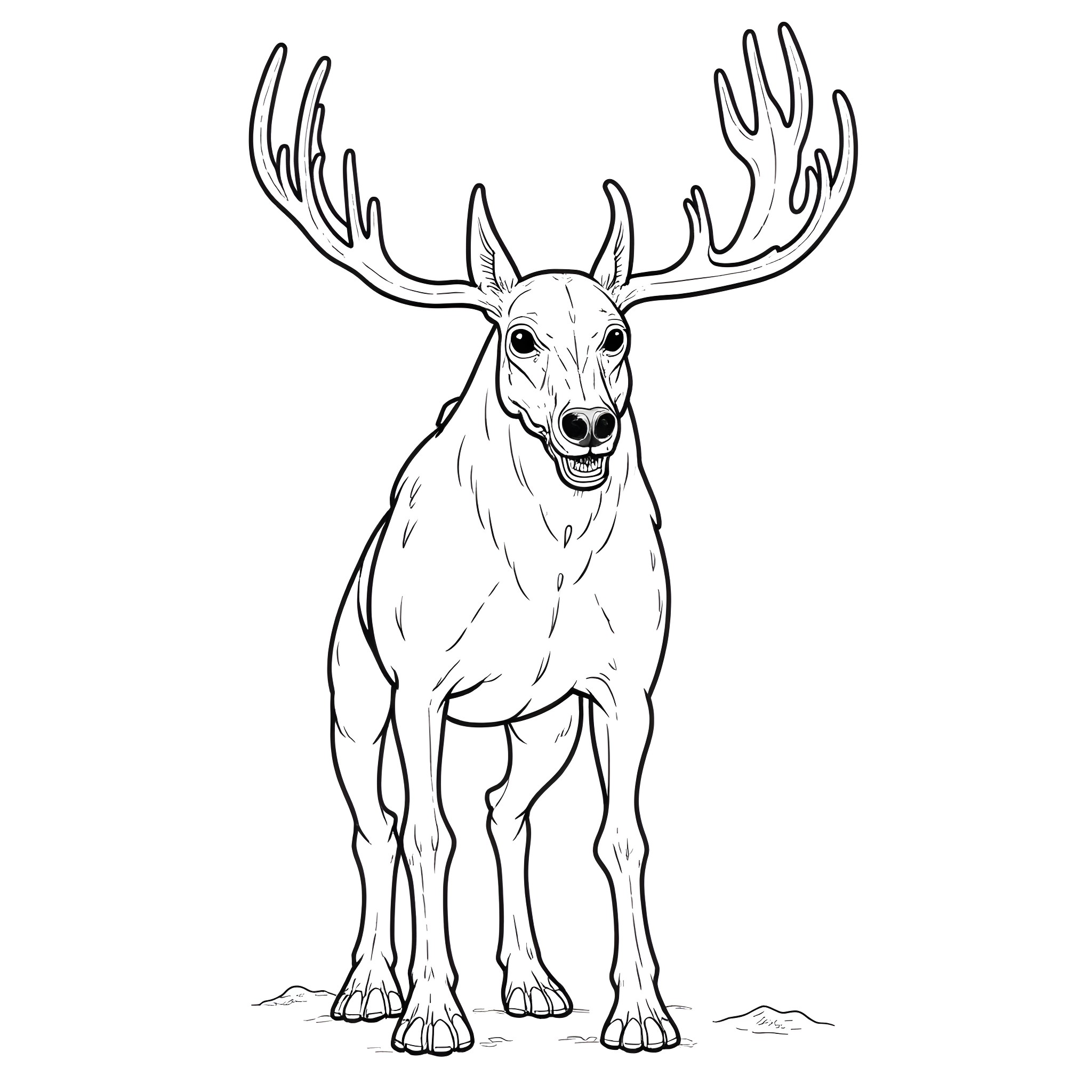 Monster deer with large antlers standing proudly Coloring Page (free black-and-white line drawing printable PDF for all, from beginners to advanced learners, including children, teens, adults, and seniors)