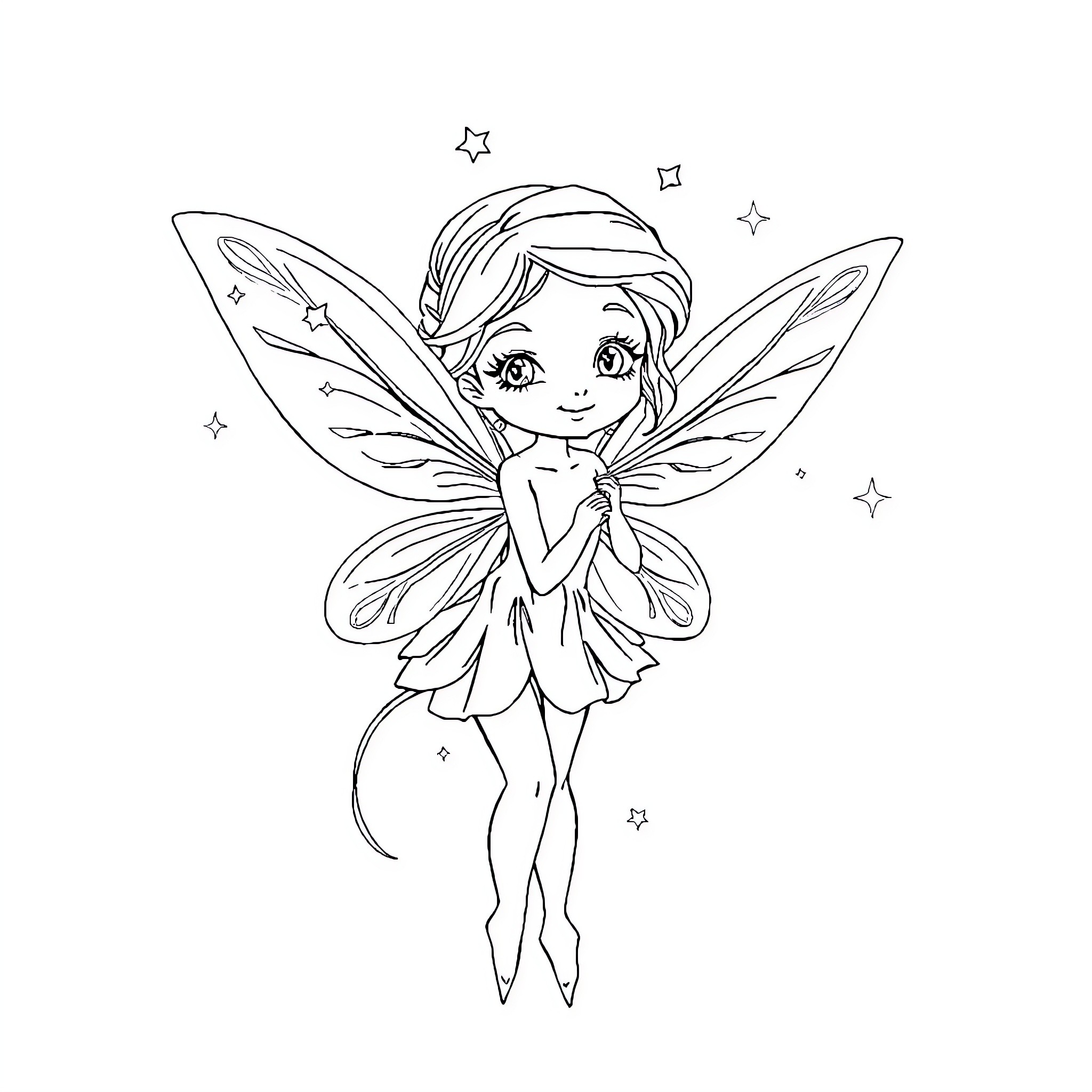 Fairy Enjoying the Starry Sky Coloring Page (free black-and-white line drawing printable PDF for all, from beginners to advanced learners, including children, teens, adults, and seniors)