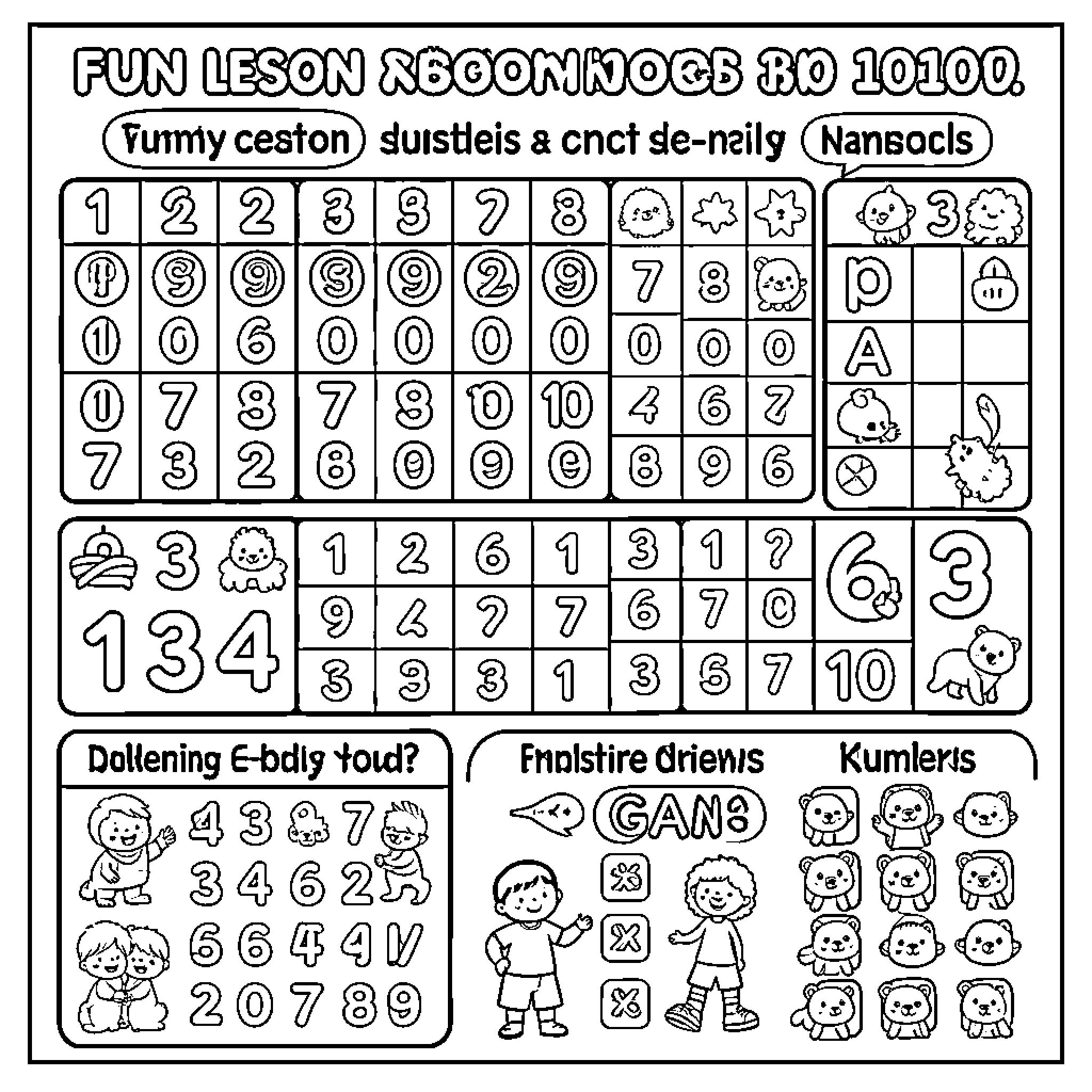 Number Fun Lesson With Counting and Symbols Coloring Page (free black-and-white line drawing printable PDF for all, from beginners to advanced learners, including children, teens, adults, and seniors)
