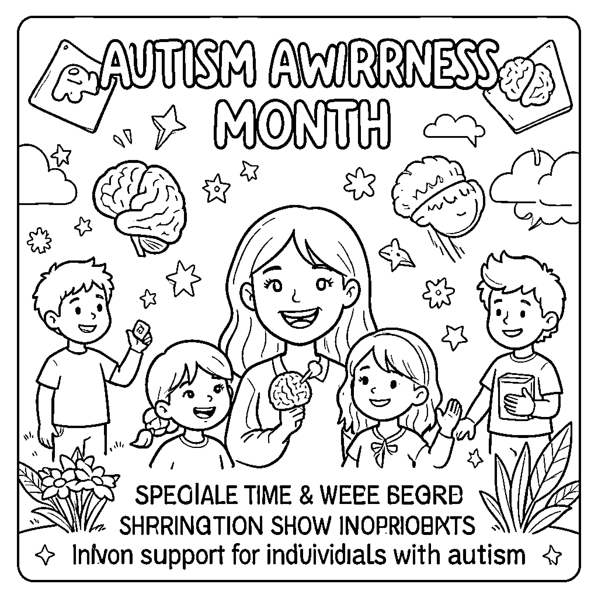 Autism Awareness Month: Celebrating Diversity and Inclusivity Coloring Page (free black-and-white line drawing printable PDF for all, from beginners to advanced learners, including children, teens, adults, and seniors)