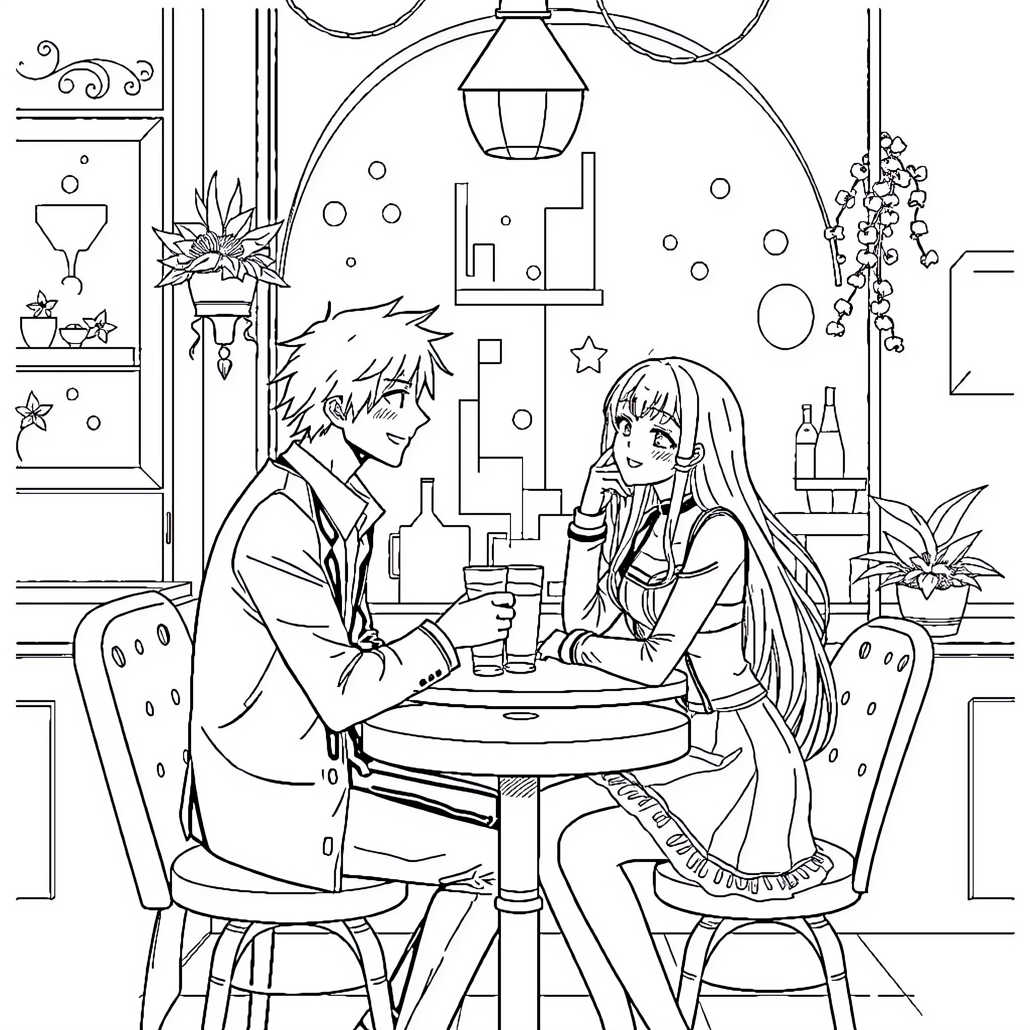 Ichigo's Cozy Cafe Conversation Coloring Page (free black-and-white line drawing printable PDF for all, from beginners to advanced learners, including children, teens, adults, and seniors)
