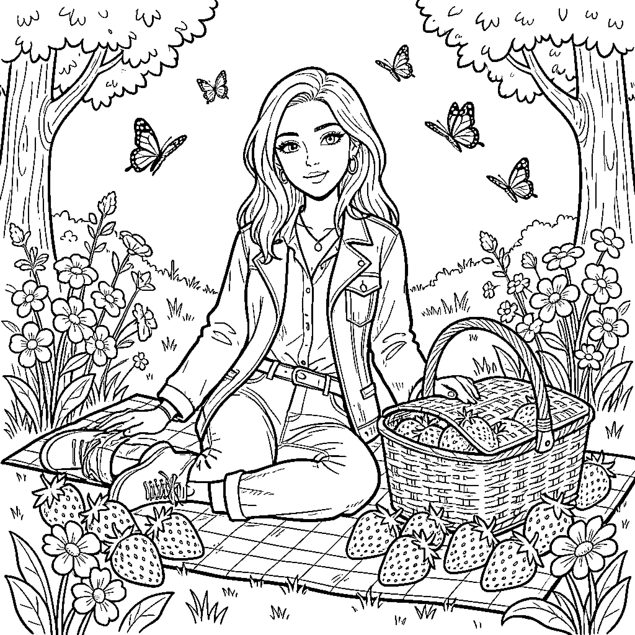 Girl sitting on a picnic blanket surrounded by butterflies Coloring Page (free black-and-white line drawing printable PDF for all, from beginners to advanced learners, including children, teens, adults, and seniors)