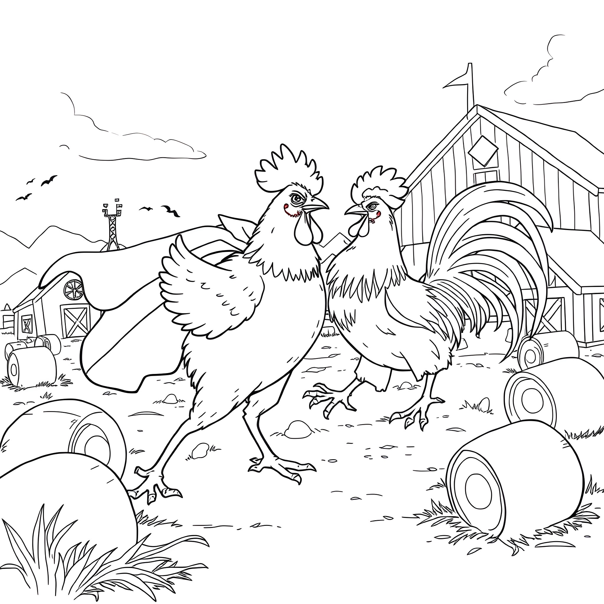 Chicken farm with roosters in the barnyard Coloring Page (free black-and-white line drawing printable PDF for all, from beginners to advanced learners, including children, teens, adults, and seniors)