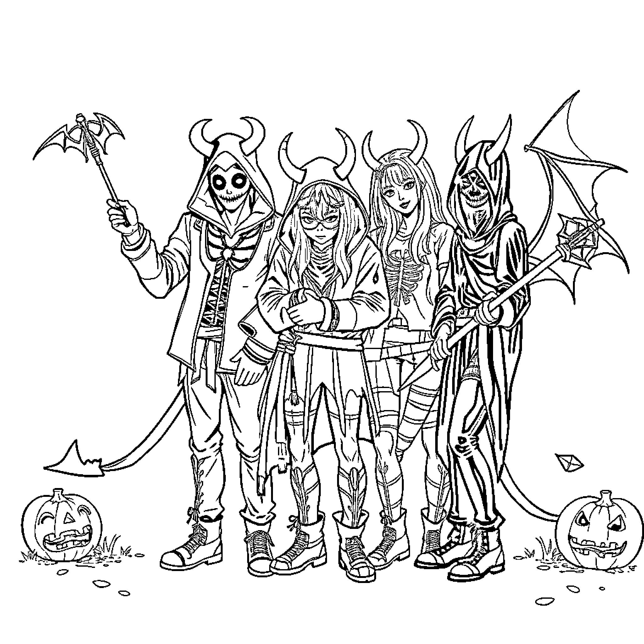 Demon Hunter Group in Halloween Costumes Coloring Page (free black-and-white line drawing printable PDF for all, from beginners to advanced learners, including children, teens, adults, and seniors)