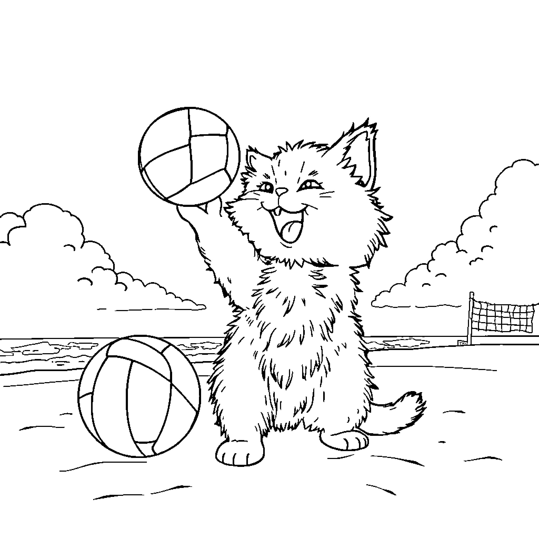 Cat playing with beach balls on the shore Coloring Page (free black-and-white line drawing printable PDF for all, from beginners to advanced learners, including children, teens, adults, and seniors)