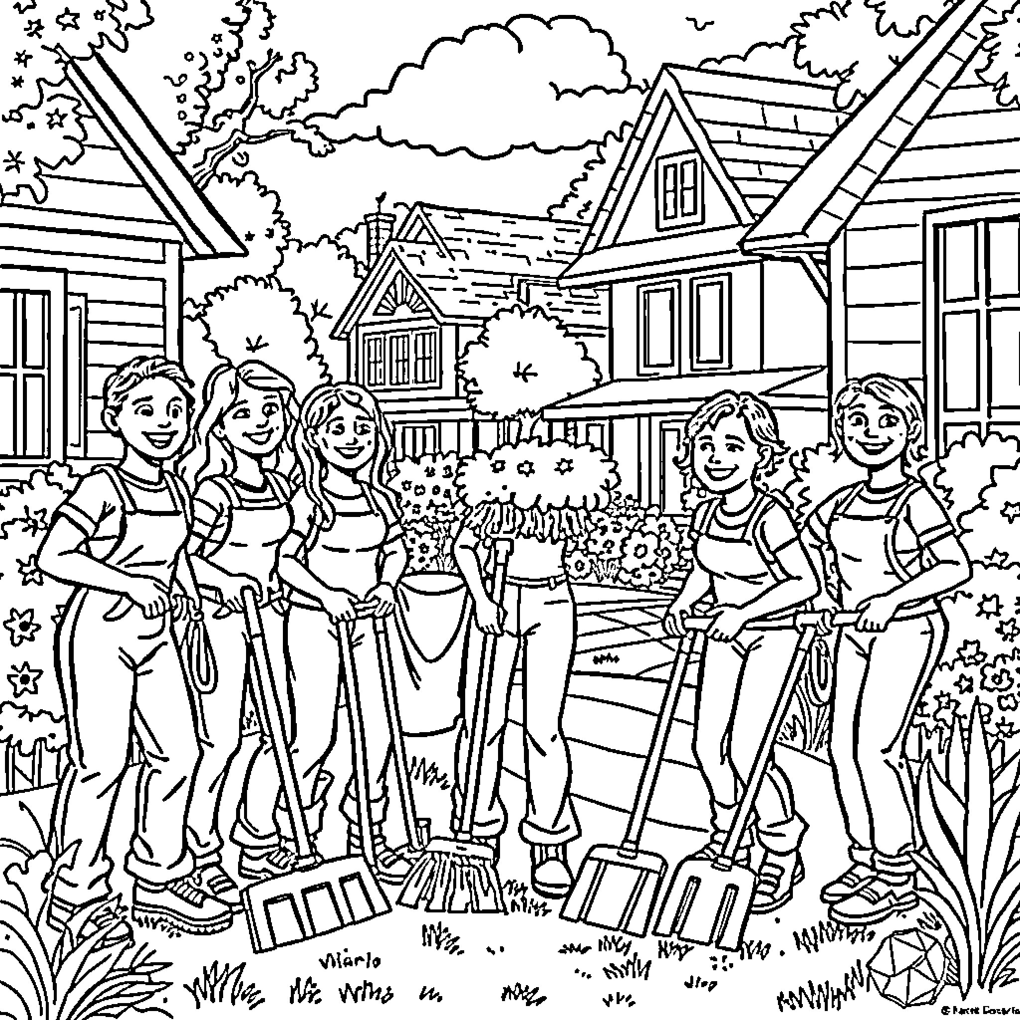 People working together in a rural landscape Coloring Page (free black-and-white line drawing printable PDF for all, from beginners to advanced learners, including children, teens, adults, and seniors)