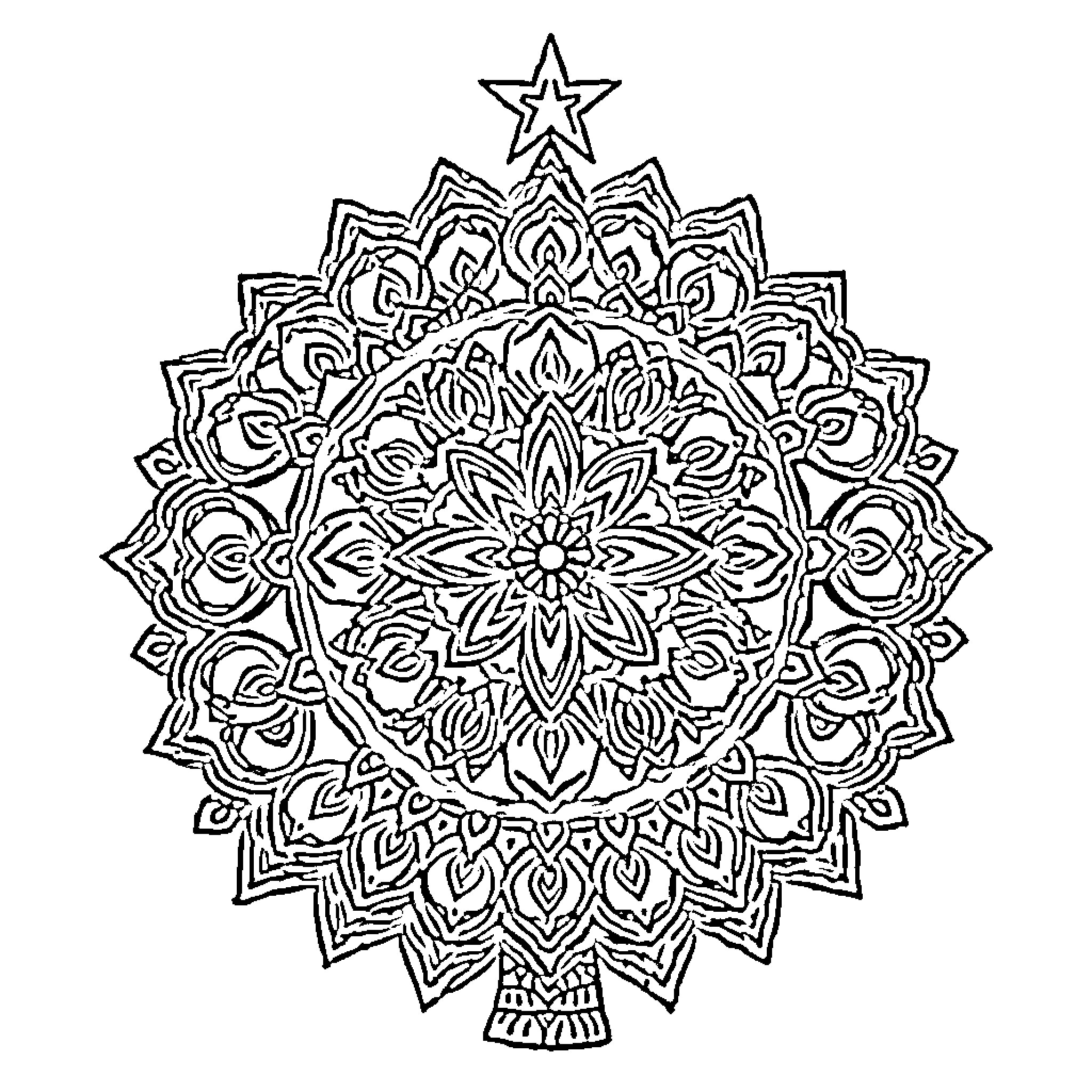 Mandala of intricate floral patterns and shapes Coloring Page (free black-and-white line drawing printable PDF for all, from beginners to advanced learners, including children, teens, adults, and seniors)