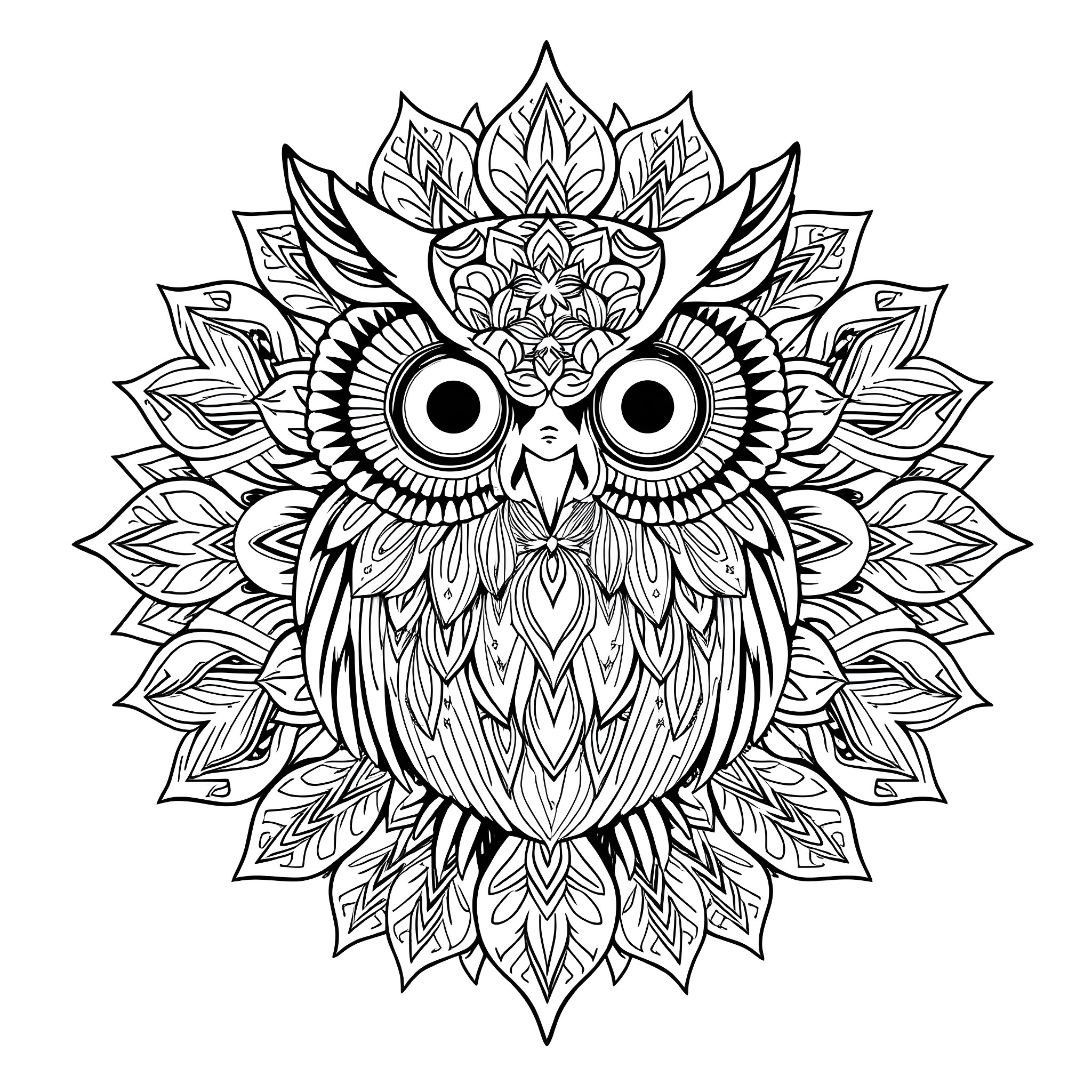Owl with intricate floral pattern Coloring Page (free black-and-white line drawing printable PDF for all, from beginners to advanced learners, including children, teens, adults, and seniors)