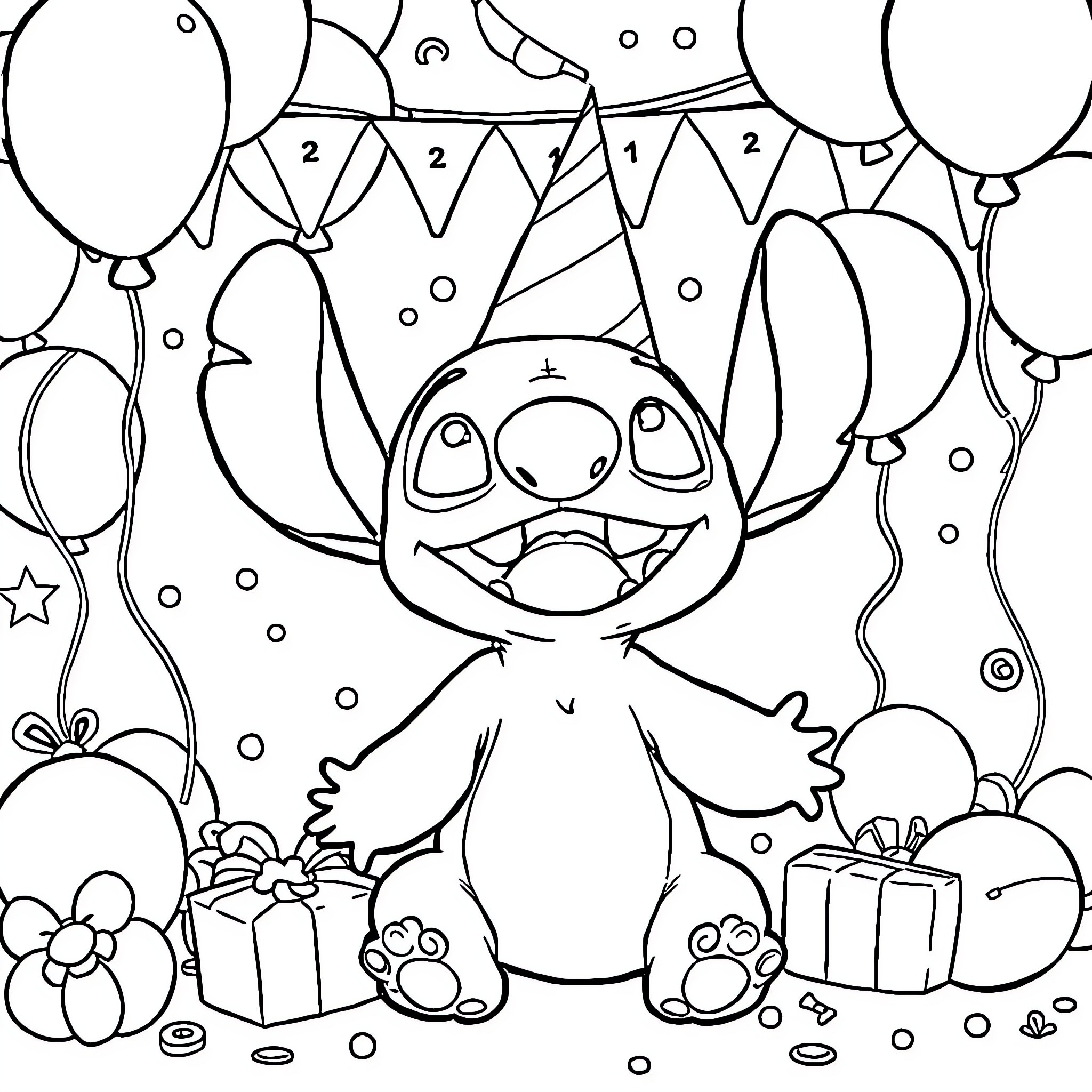 Stitch Celebrates with Balloons and Gifts Coloring Page (free black-and-white line drawing printable PDF for all, from beginners to advanced learners, including children, teens, adults, and seniors)