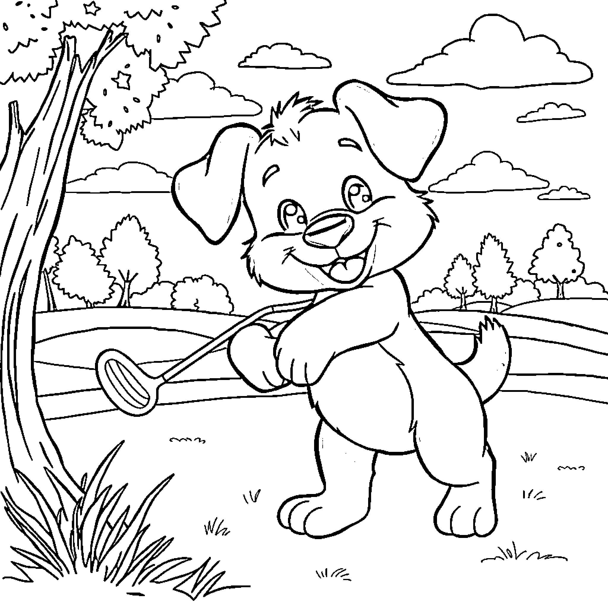 Bluey playing happily in the park Coloring Page (free black-and-white line drawing printable PDF for all, from beginners to advanced learners, including children, teens, adults, and seniors)