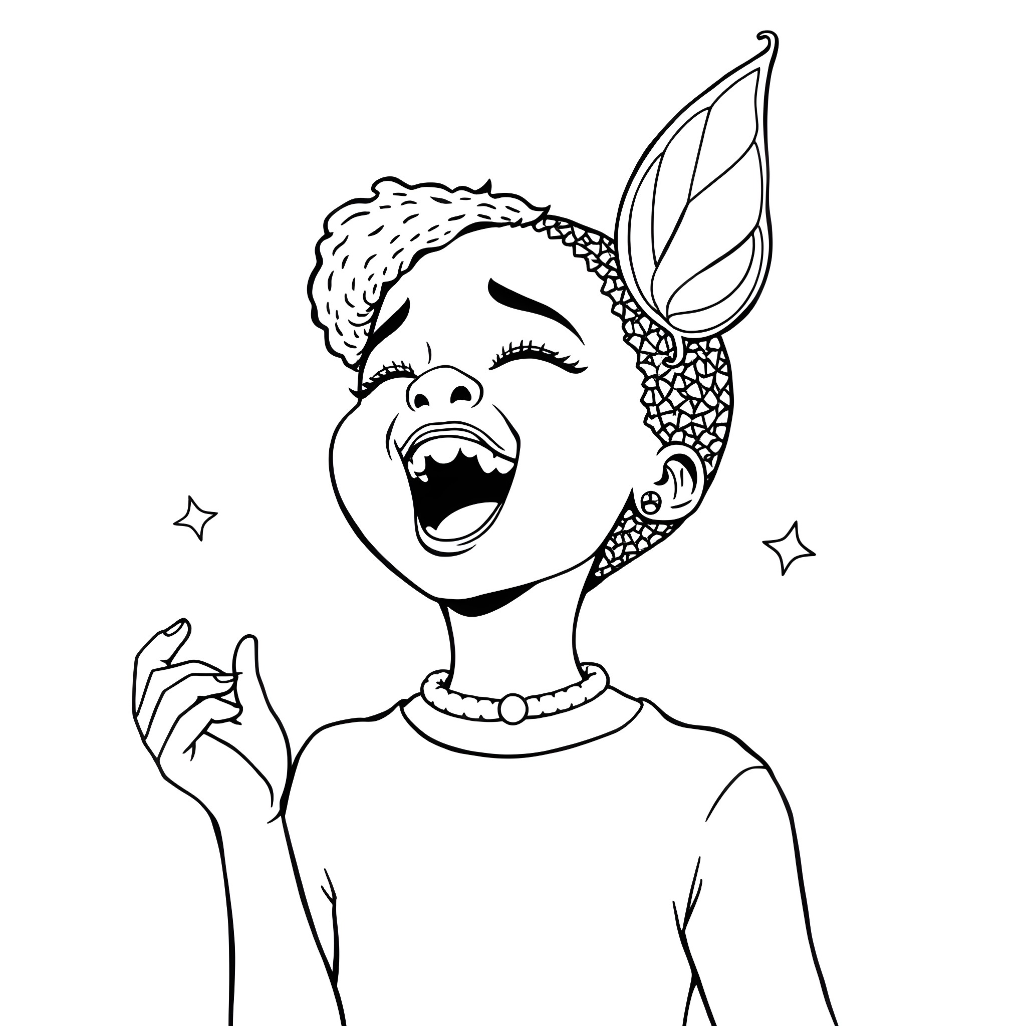 African Girl Expressing Joy with Ornate Headpiece Coloring Page (free black-and-white line drawing printable PDF for all, from beginners to advanced learners, including children, teens, adults, and seniors)