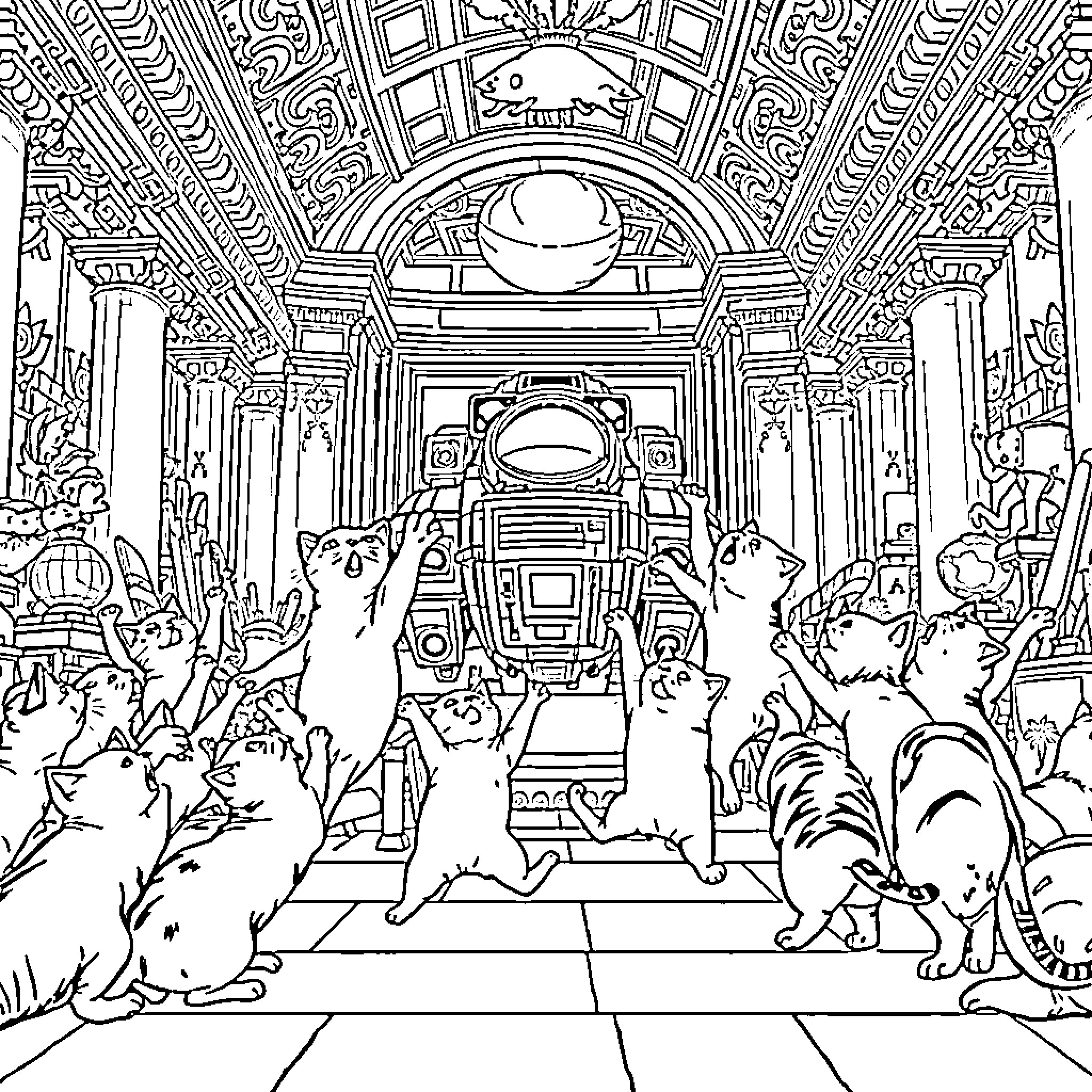 Cats exploring an ornate palace Coloring Page (free black-and-white line drawing printable PDF for all, from beginners to advanced learners, including children, teens, adults, and seniors)