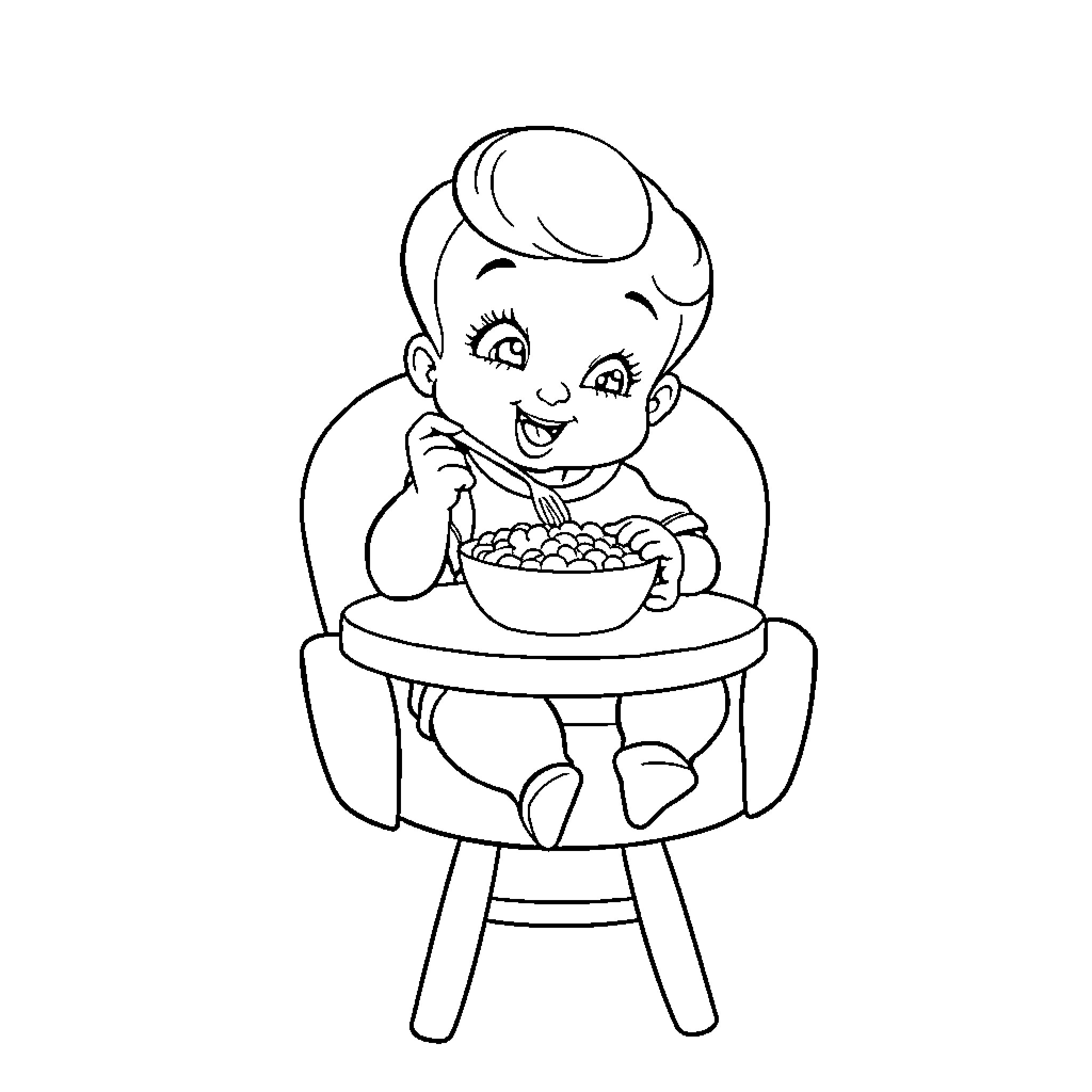 Baby eating a bowl of cereal happily Coloring Page (free black-and-white line drawing printable PDF for all, from beginners to advanced learners, including children, teens, adults, and seniors)