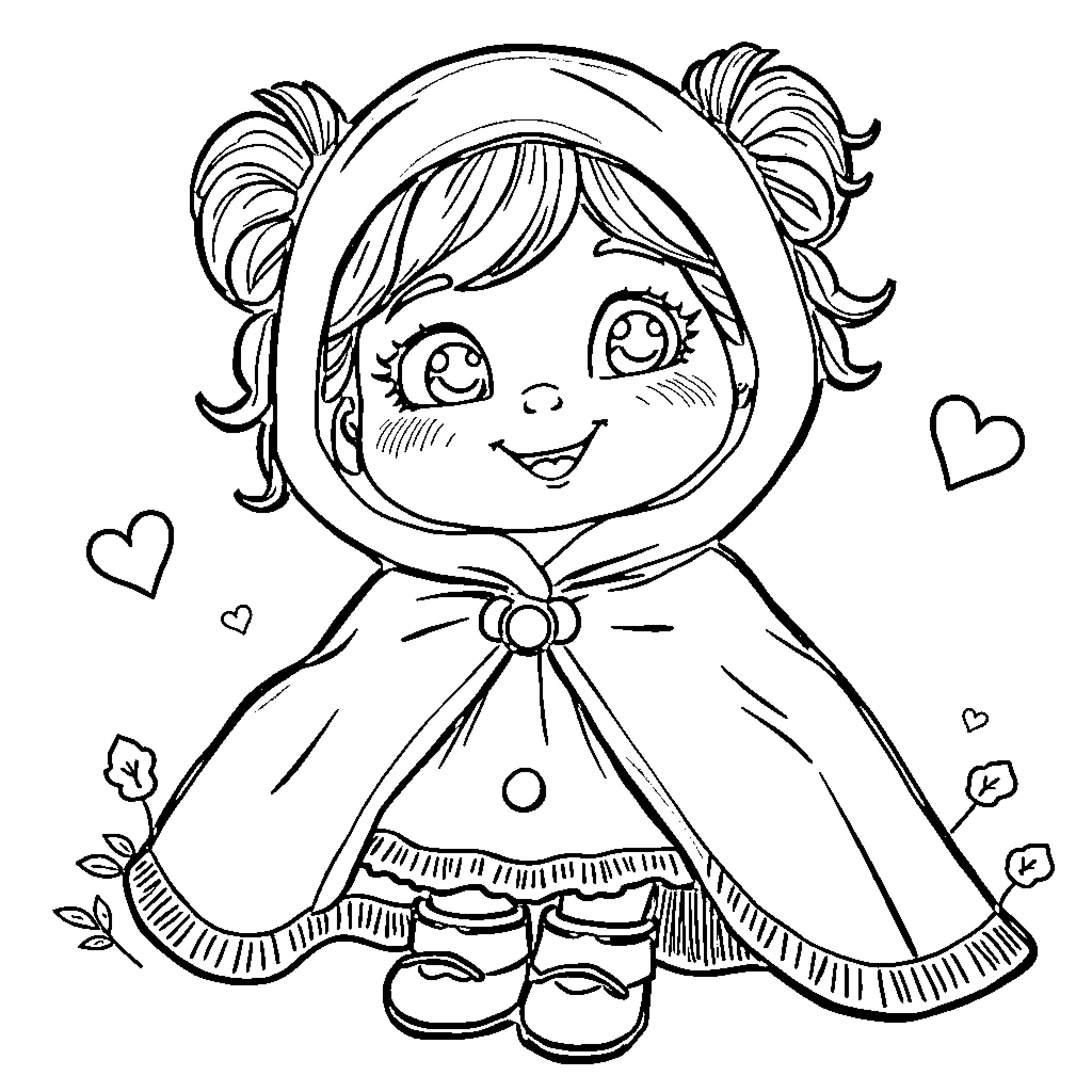 Caperucita Roja in Whimsical Attire and Expressions Coloring Page (free black-and-white line drawing printable PDF for all, from beginners to advanced learners, including children, teens, adults, and seniors)