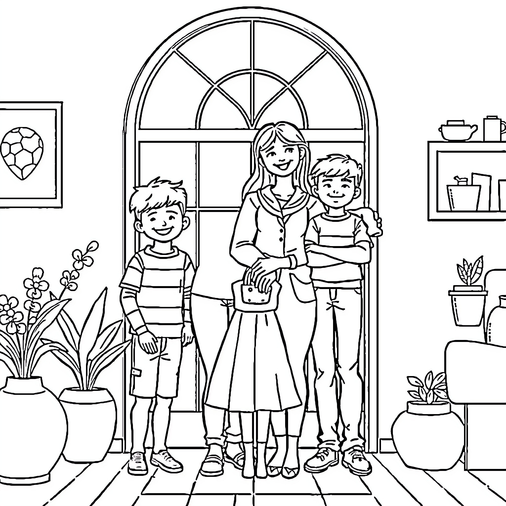 Family Enjoying Time Together at Home Coloring Page (free black-and-white line drawing printable PDF for all, from beginners to advanced learners, including children, teens, adults, and seniors)