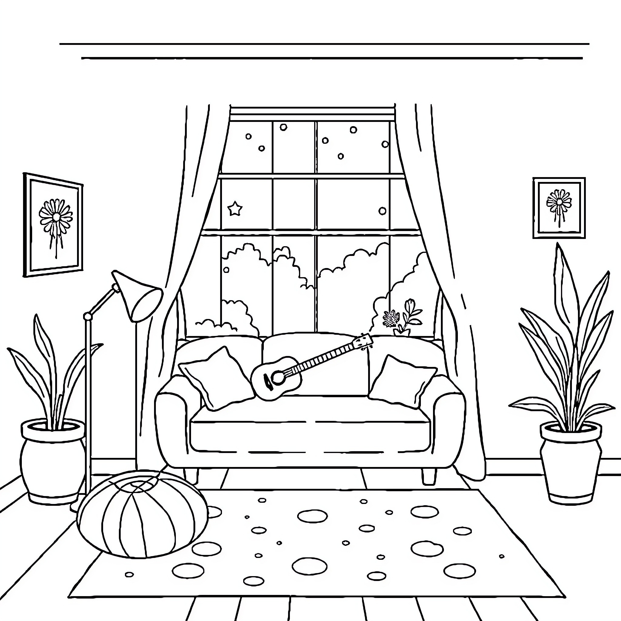Music Performance in a Cozy Home Setting Coloring Page (free black-and-white line drawing printable PDF for all, from beginners to advanced learners, including children, teens, adults, and seniors)