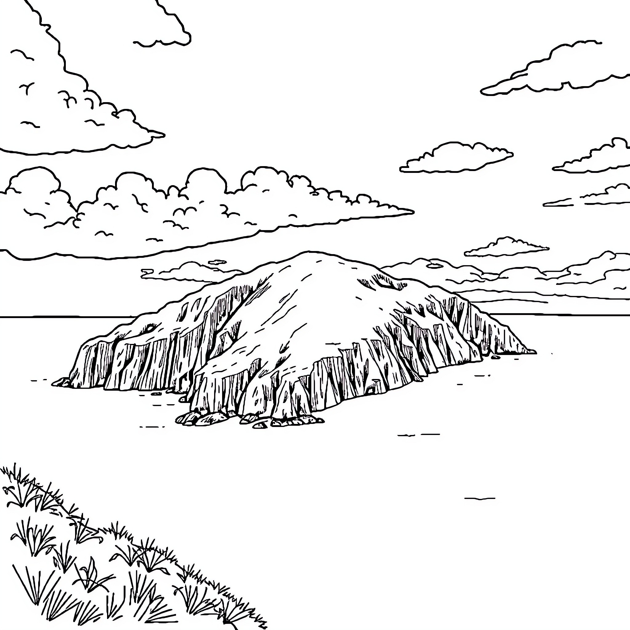 Sark scenic landscape with mountains and clouds Coloring Page (free black-and-white line drawing printable PDF for all, from beginners to advanced learners, including children, teens, adults, and seniors)