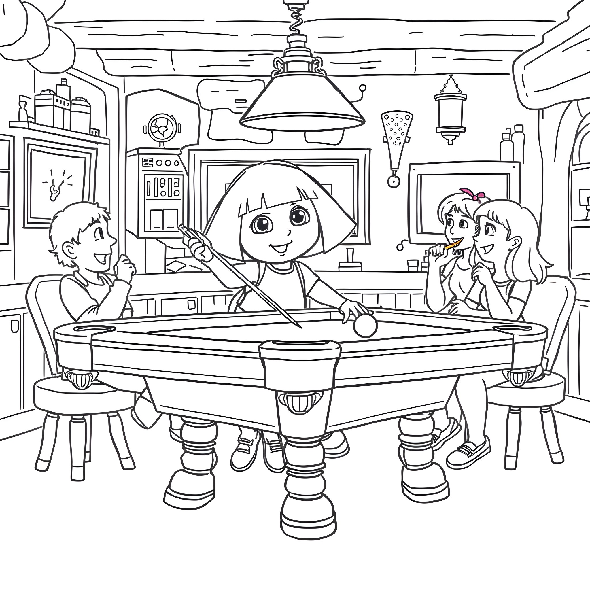 Dora and friends playing pool at the clubhouse Coloring Page (free black-and-white line drawing printable PDF for all, from beginners to advanced learners, including children, teens, adults, and seniors)