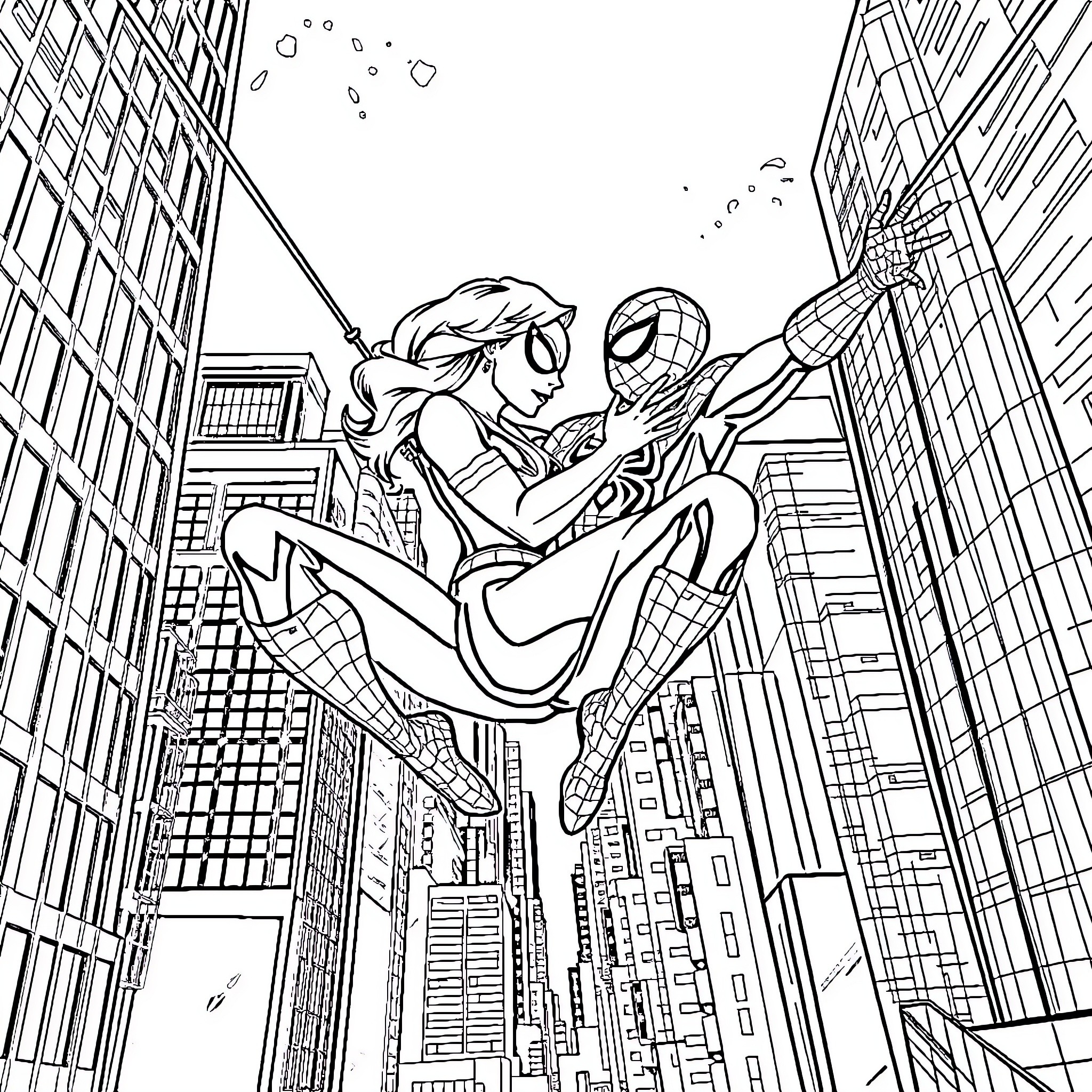 Spiderman swinging heroically with female superhero through city skyline Coloring Page (free black-and-white line drawing printable PDF for all, from beginners to advanced learners, including children, teens, adults, and seniors)