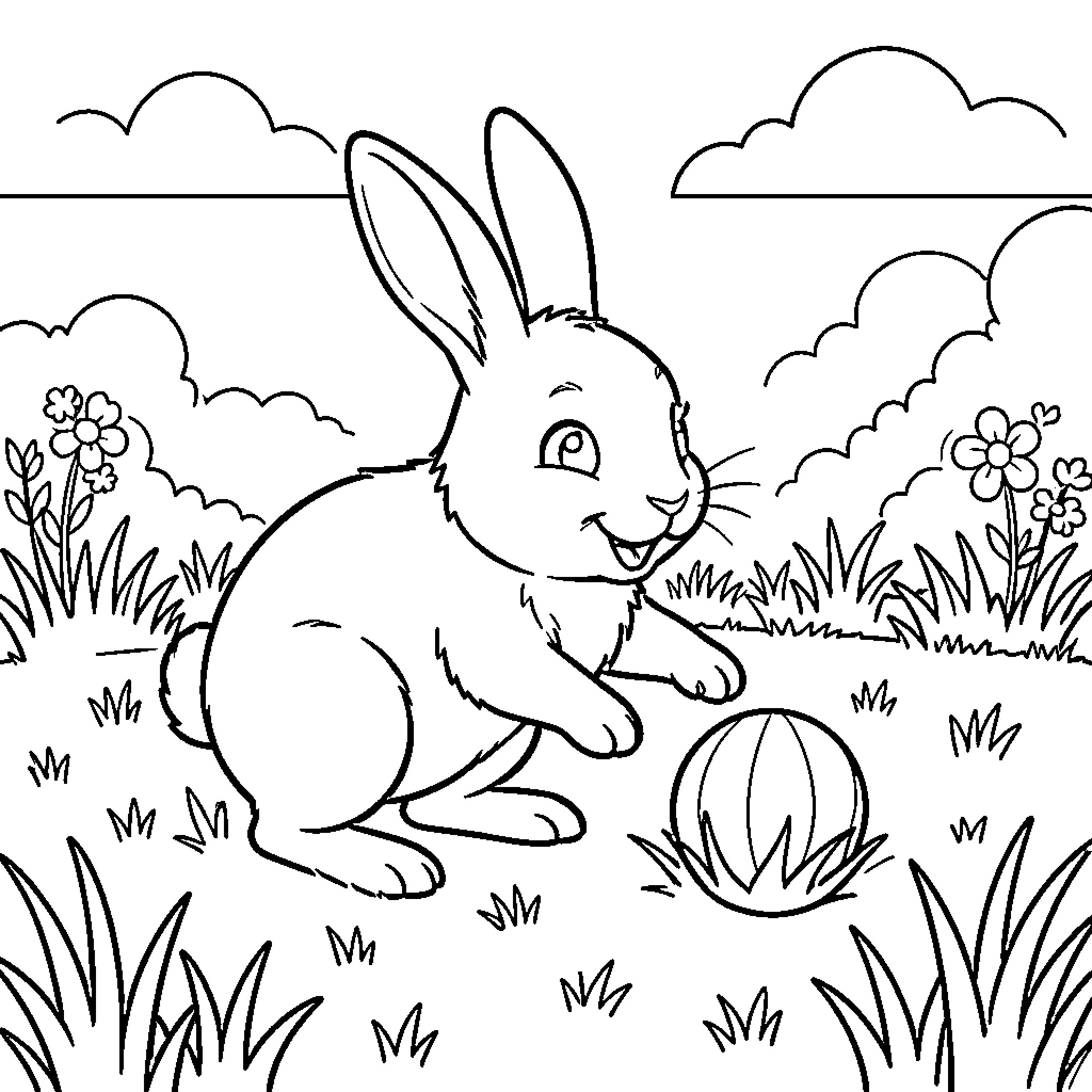Rabbit playing with a ball in a meadow Coloring Page (free black-and-white line drawing printable PDF for all, from beginners to advanced learners, including children, teens, adults, and seniors)