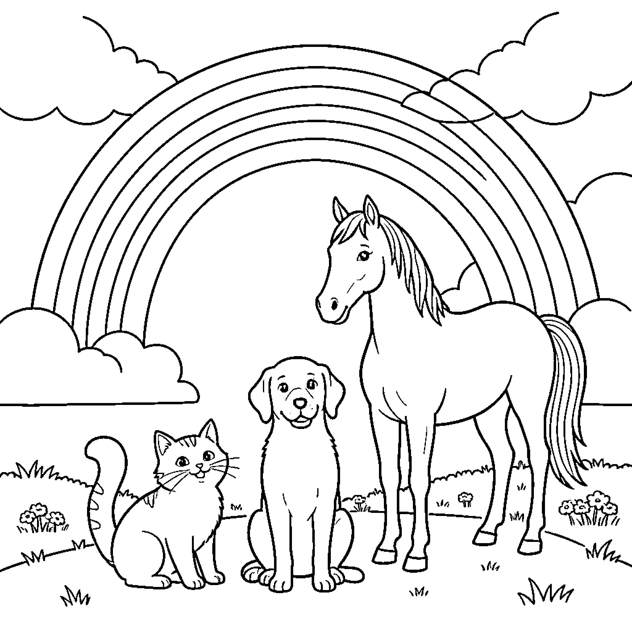 Rainbow pets playing under the sky Coloring Page (free black-and-white line drawing printable PDF for all, from beginners to advanced learners, including children, teens, adults, and seniors)