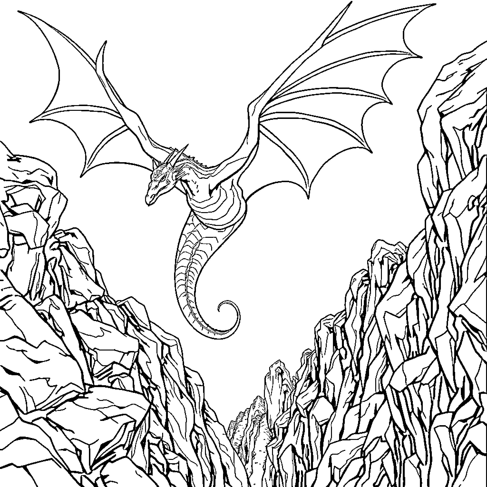 Dragon soaring over jagged mountain peaks Coloring Page (free black-and-white line drawing printable PDF for all, from beginners to advanced learners, including children, teens, adults, and seniors)