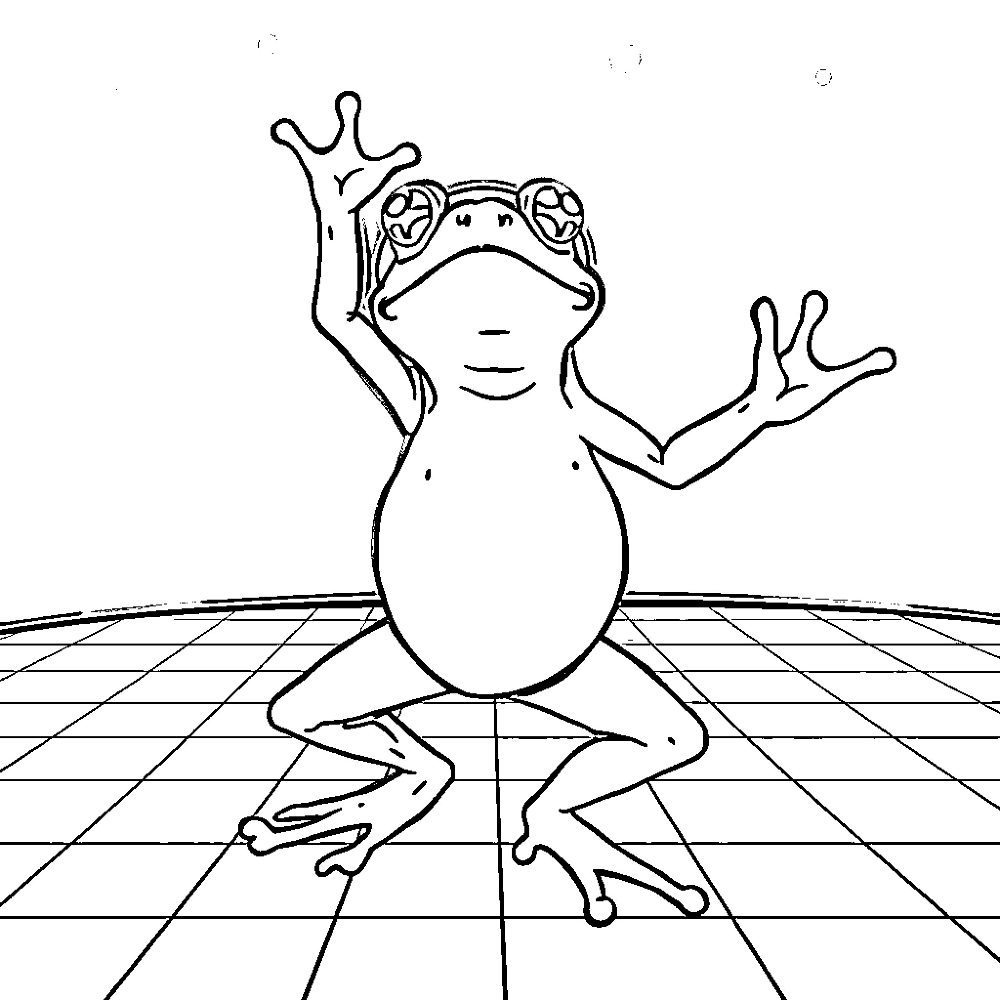 Frog performing a cheerful dance Coloring Page (free black-and-white line drawing printable PDF for all, from beginners to advanced learners, including children, teens, adults, and seniors)