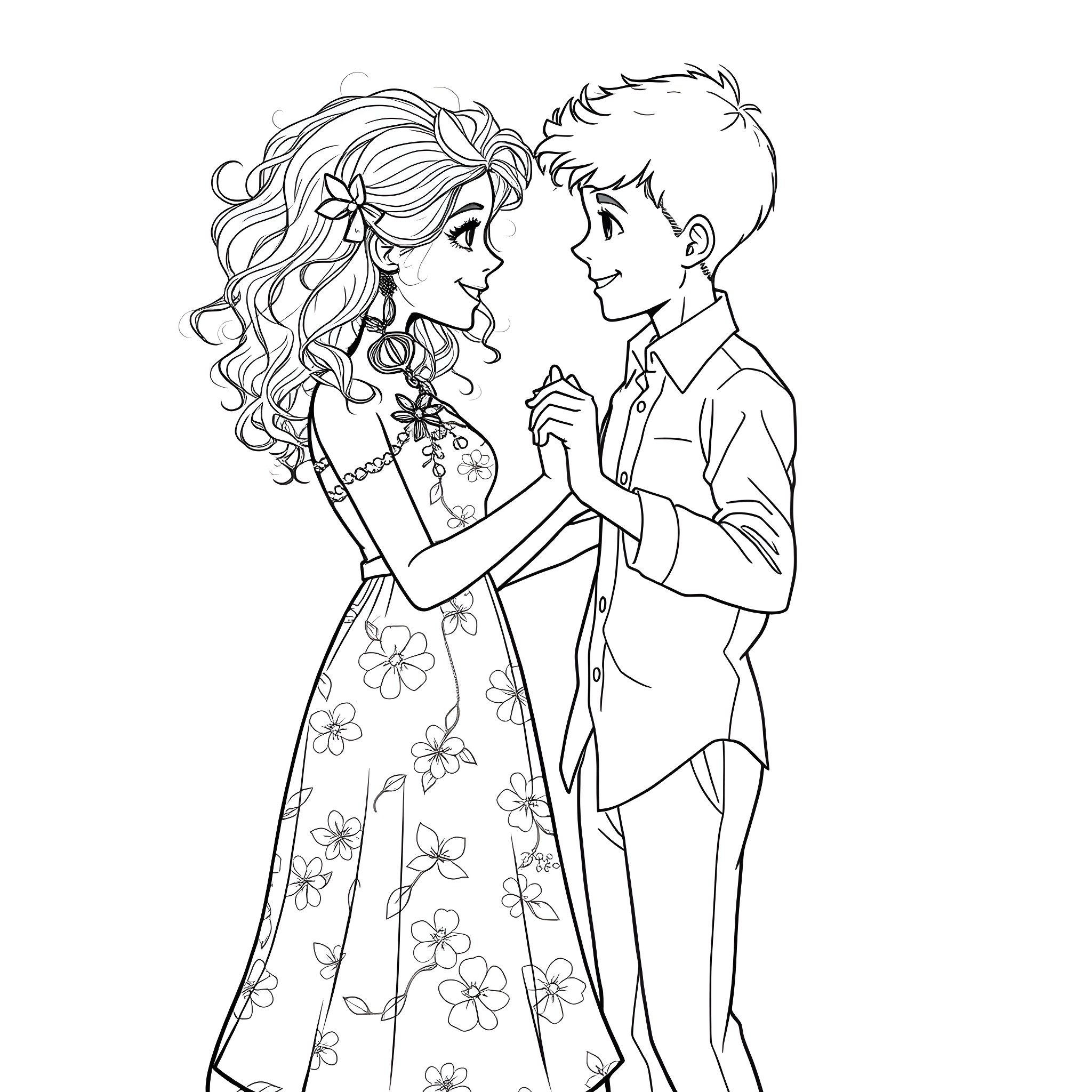 Teen couple in formal attire embracing tenderly Coloring Page (free black-and-white line drawing printable PDF for all, from beginners to advanced learners, including children, teens, adults, and seniors)