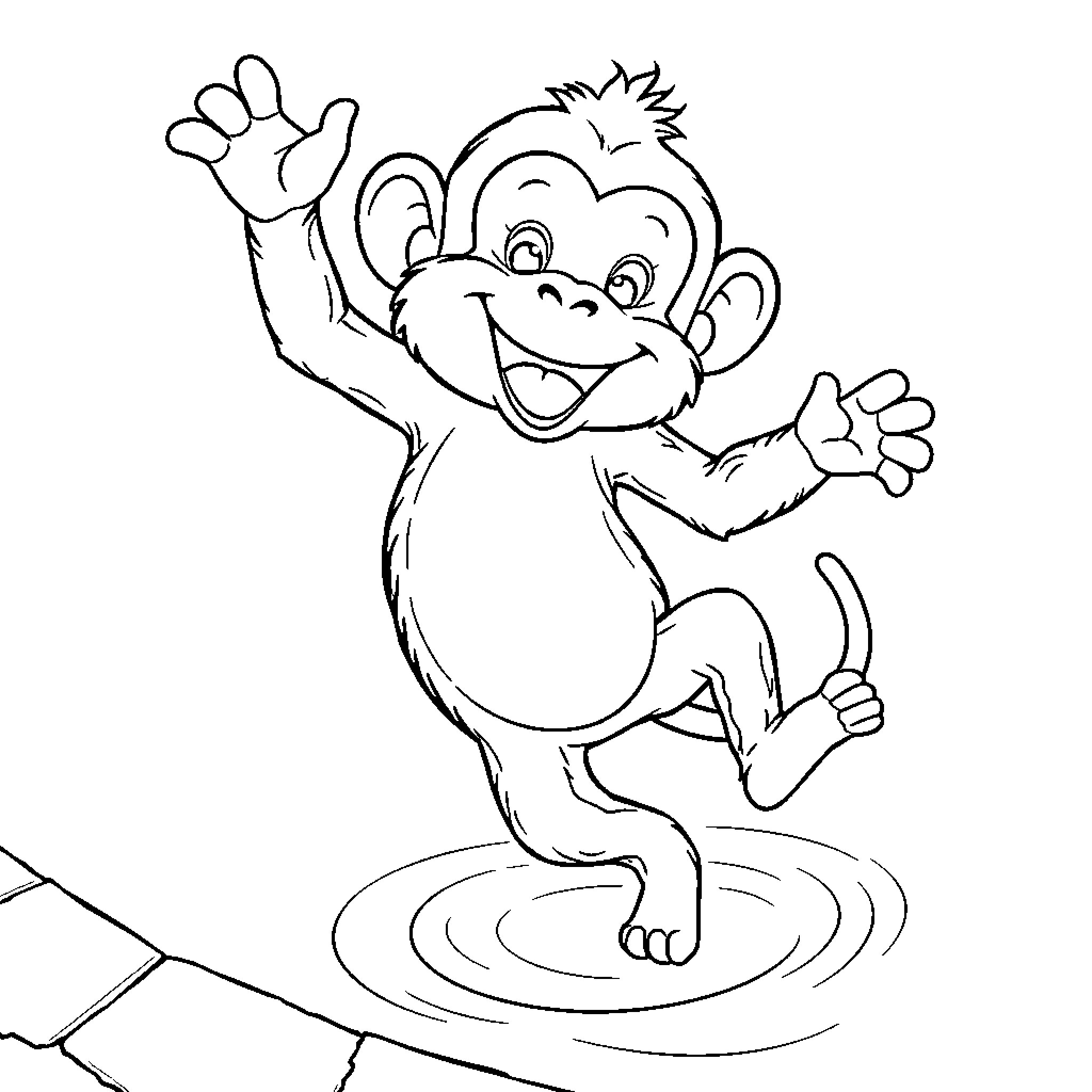 Monkey jumping with joy and waving Coloring Page (free black-and-white line drawing printable PDF for all, from beginners to advanced learners, including children, teens, adults, and seniors)