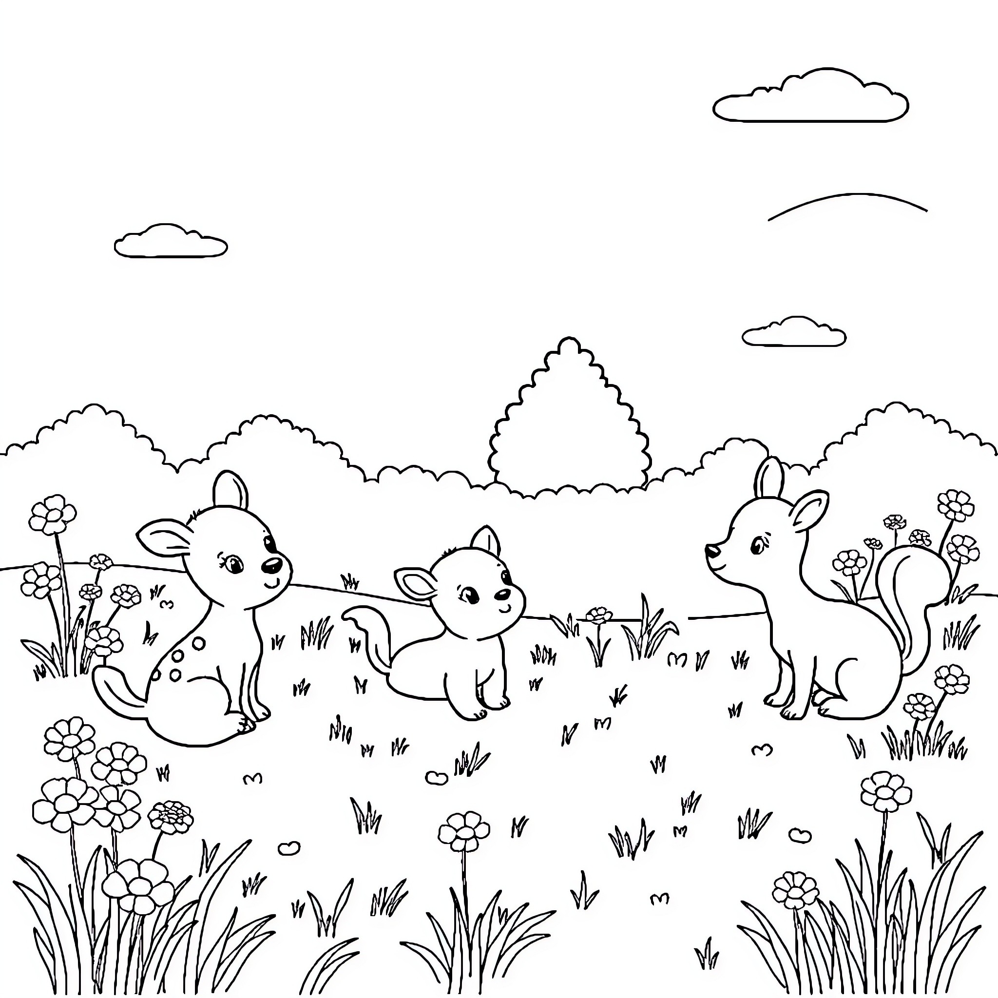 Animal friends exploring the lush meadow Coloring Page (free black-and-white line drawing printable PDF for all, from beginners to advanced learners, including children, teens, adults, and seniors)
