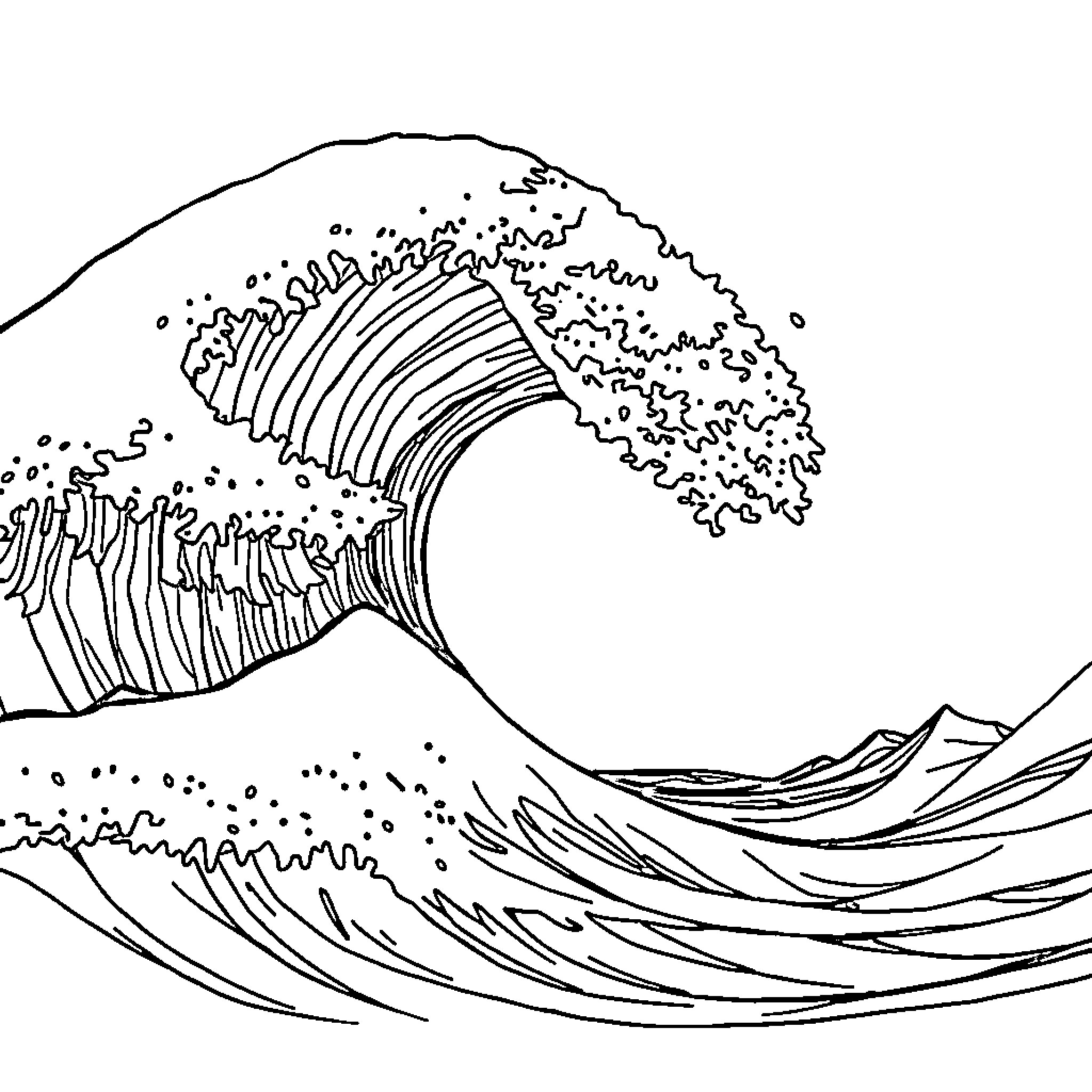 Wave crashing over rocky cliffs Coloring Page (free black-and-white line drawing printable PDF for all, from beginners to advanced learners, including children, teens, adults, and seniors)