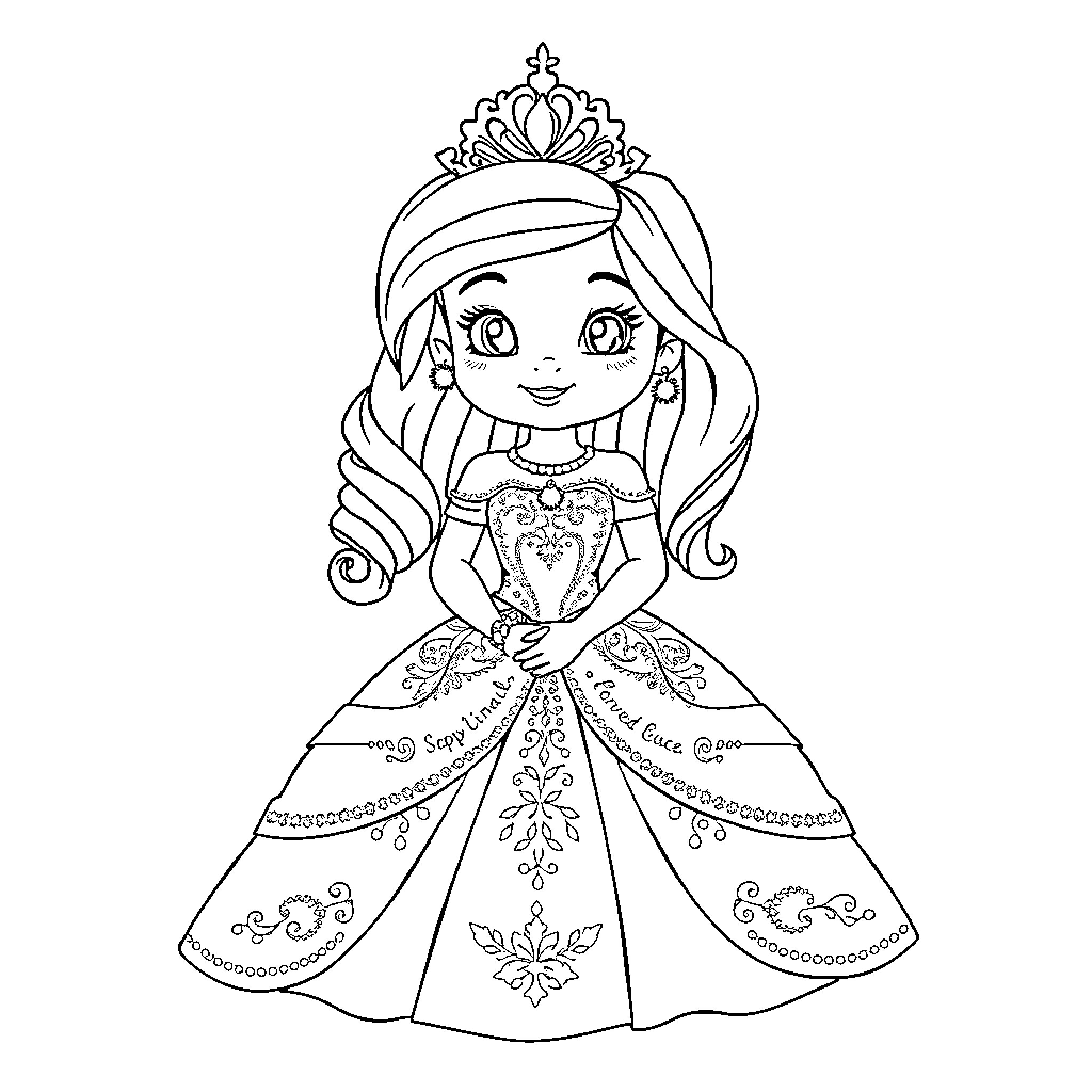Rumi in an elegant princess dress Coloring Page (free black-and-white line drawing printable PDF for all, from beginners to advanced learners, including children, teens, adults, and seniors)