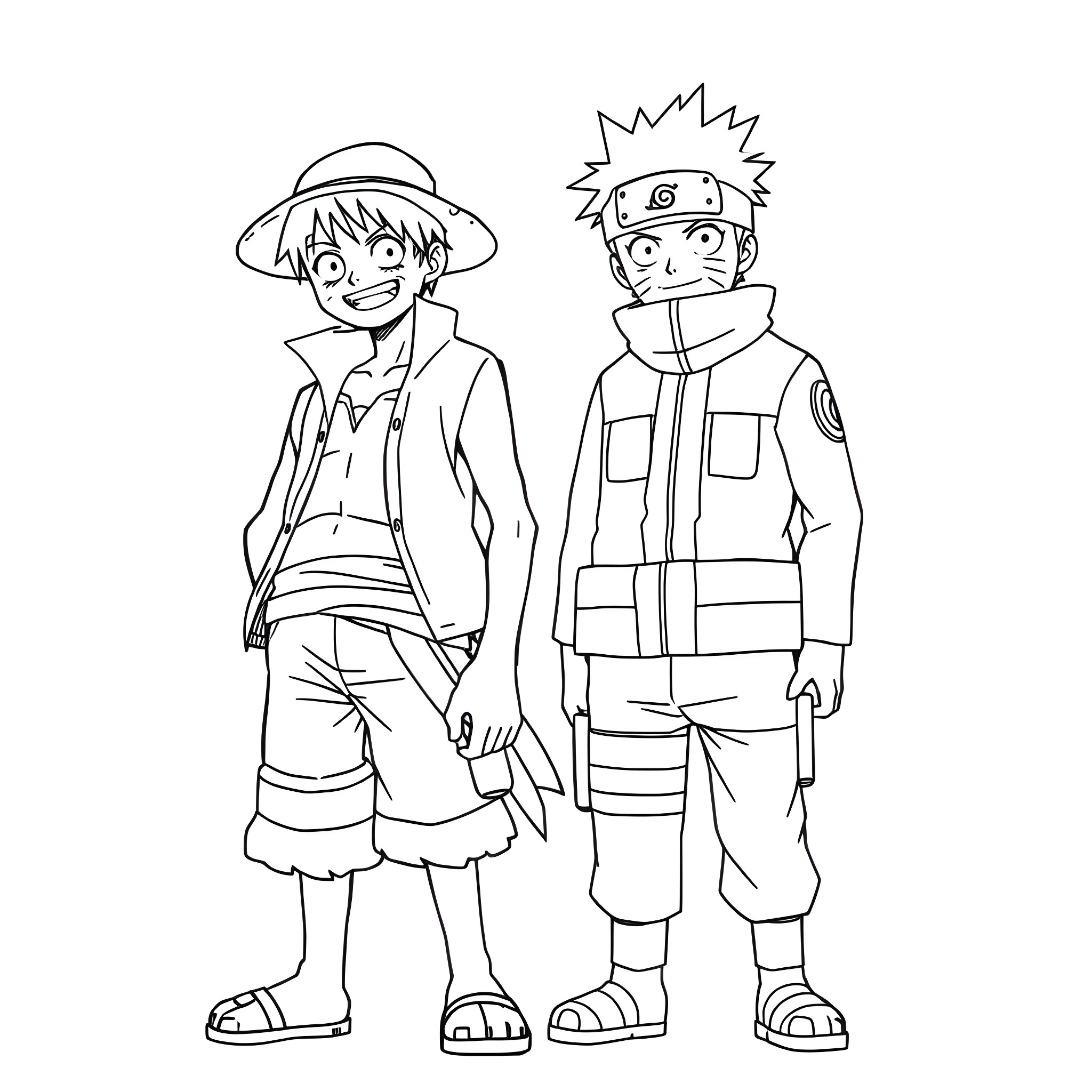 Luffy and Naruto in Adventurous Attire Coloring Page (free black-and-white line drawing printable PDF for all, from beginners to advanced learners, including children, teens, adults, and seniors)