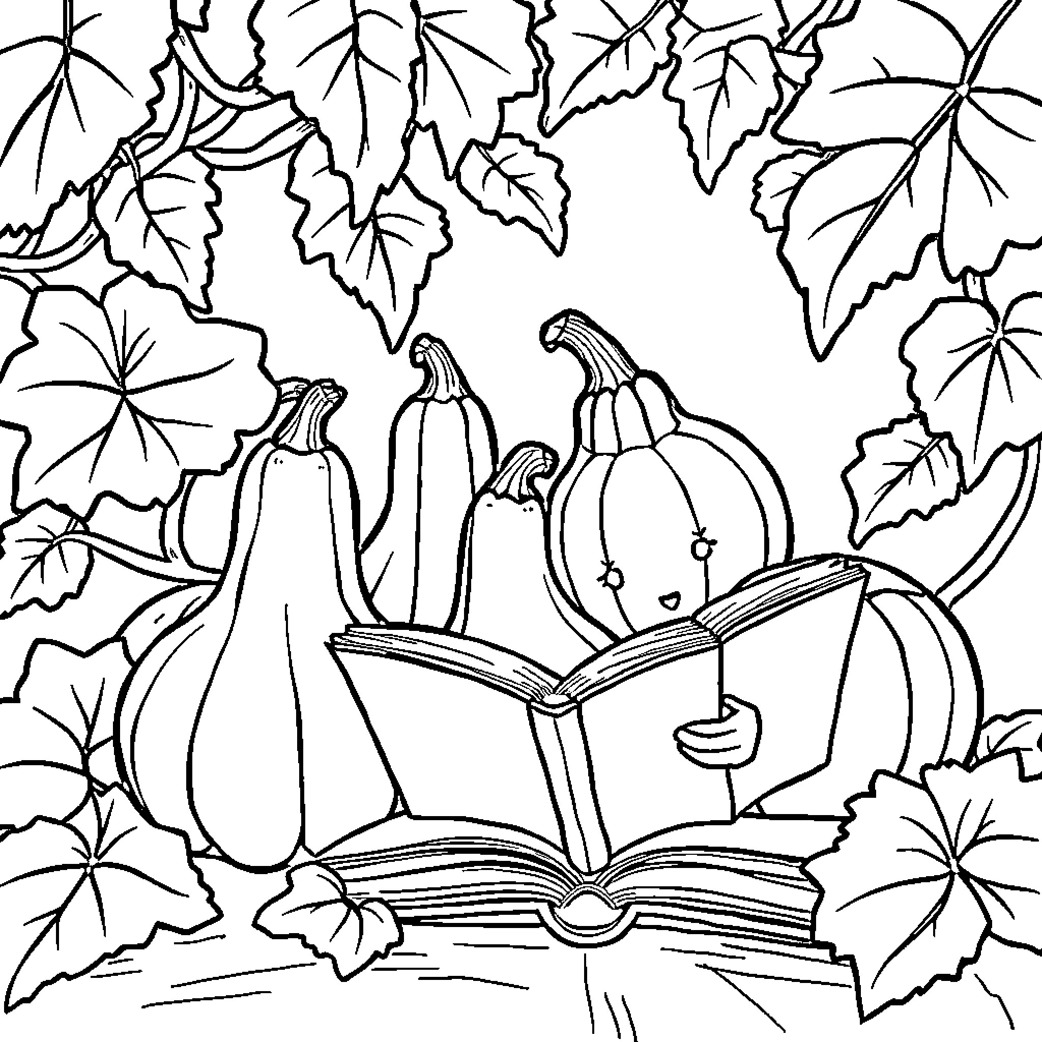 Pumpkins reading a book in autumn leaves Coloring Page (free black-and-white line drawing printable PDF for all, from beginners to advanced learners, including children, teens, adults, and seniors)