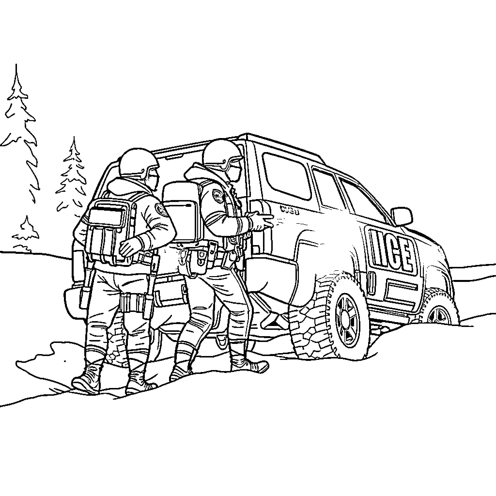 Ice Agent tactical team in action in the field Coloring Page (free black-and-white line drawing printable PDF for all, from beginners to advanced learners, including children, teens, adults, and seniors)