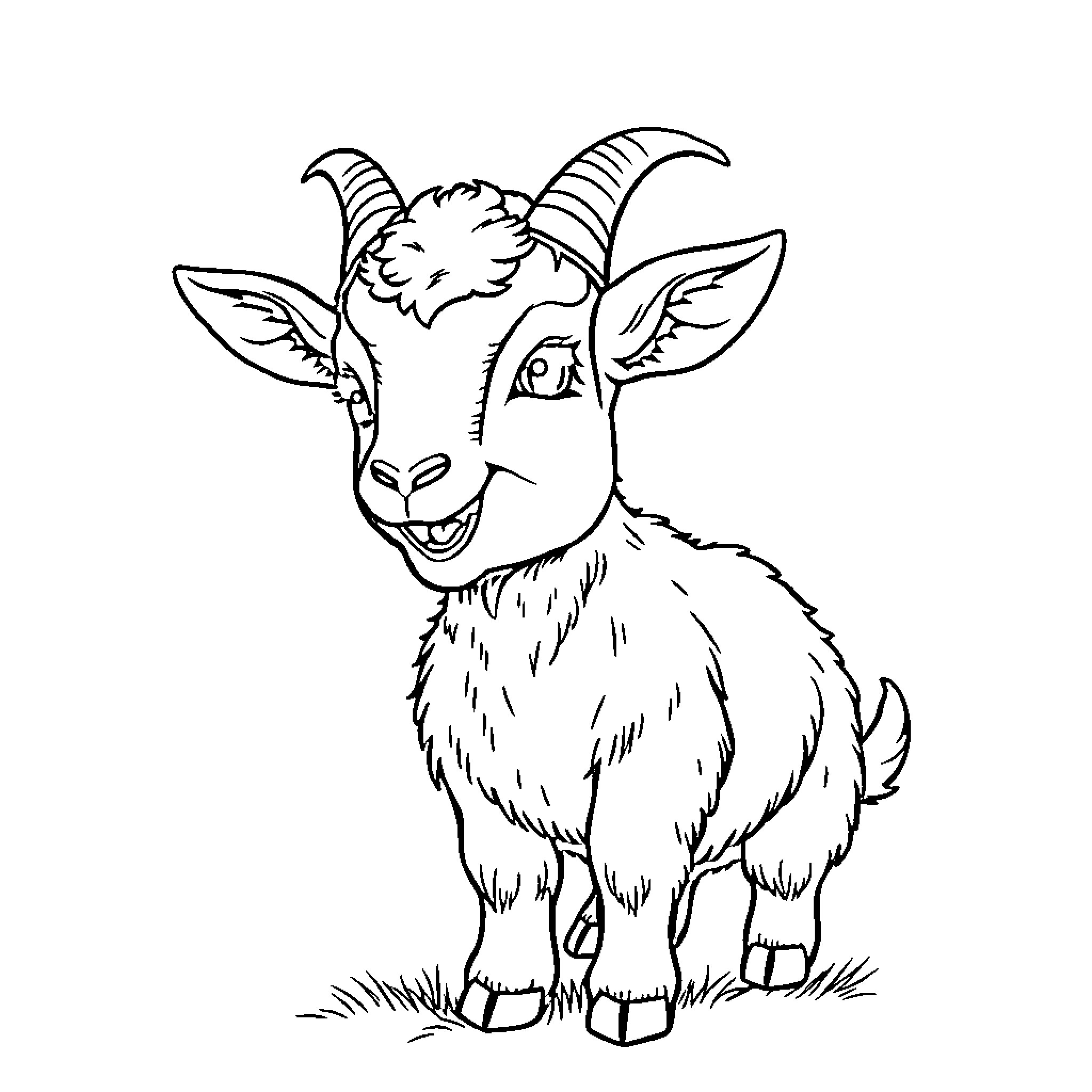 Goat with exaggerated features posing happily Coloring Page (free black-and-white line drawing printable PDF for all, from beginners to advanced learners, including children, teens, adults, and seniors)