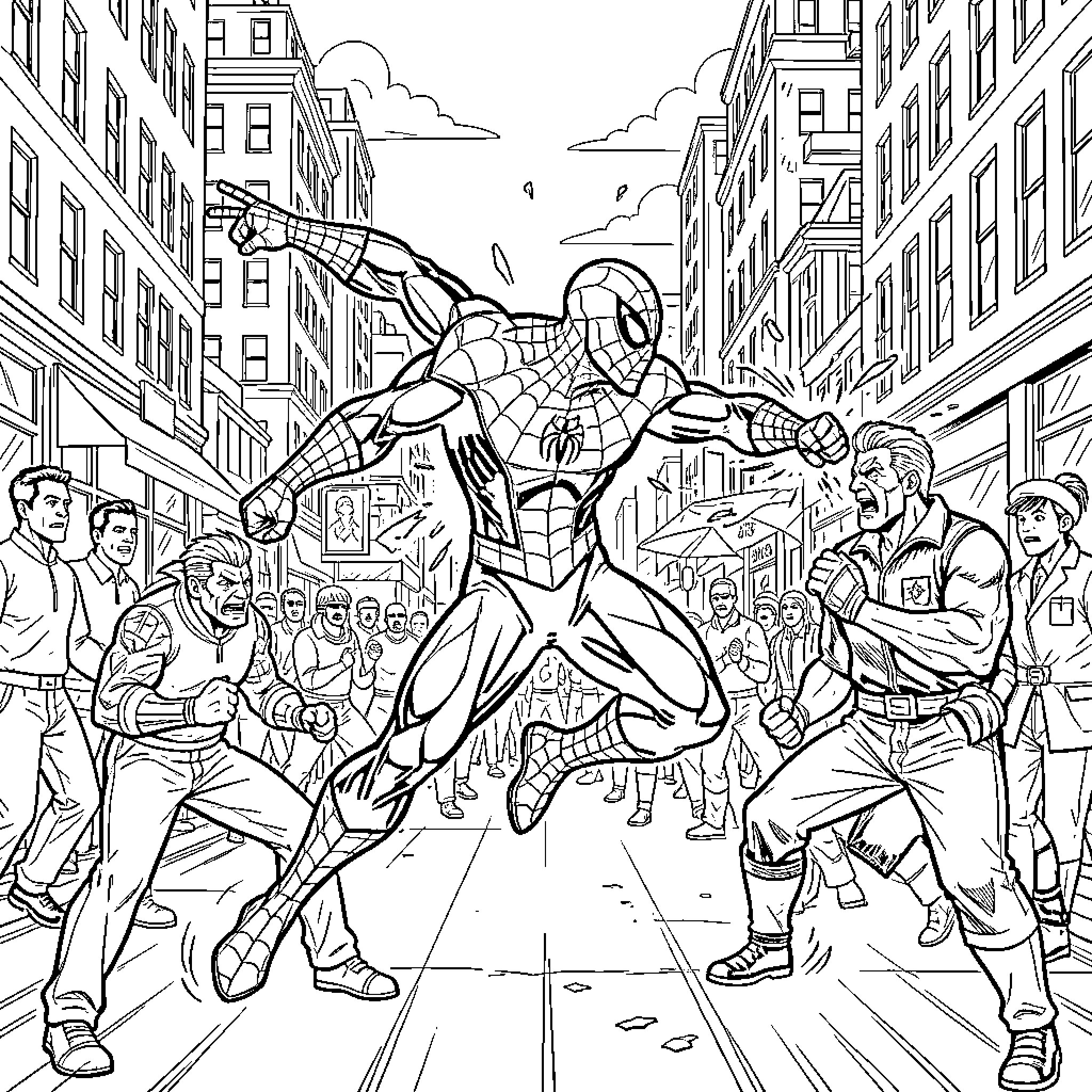 Spiderman jumping into action during a street fight Coloring Page (free black-and-white line drawing printable PDF for all, from beginners to advanced learners, including children, teens, adults, and seniors)