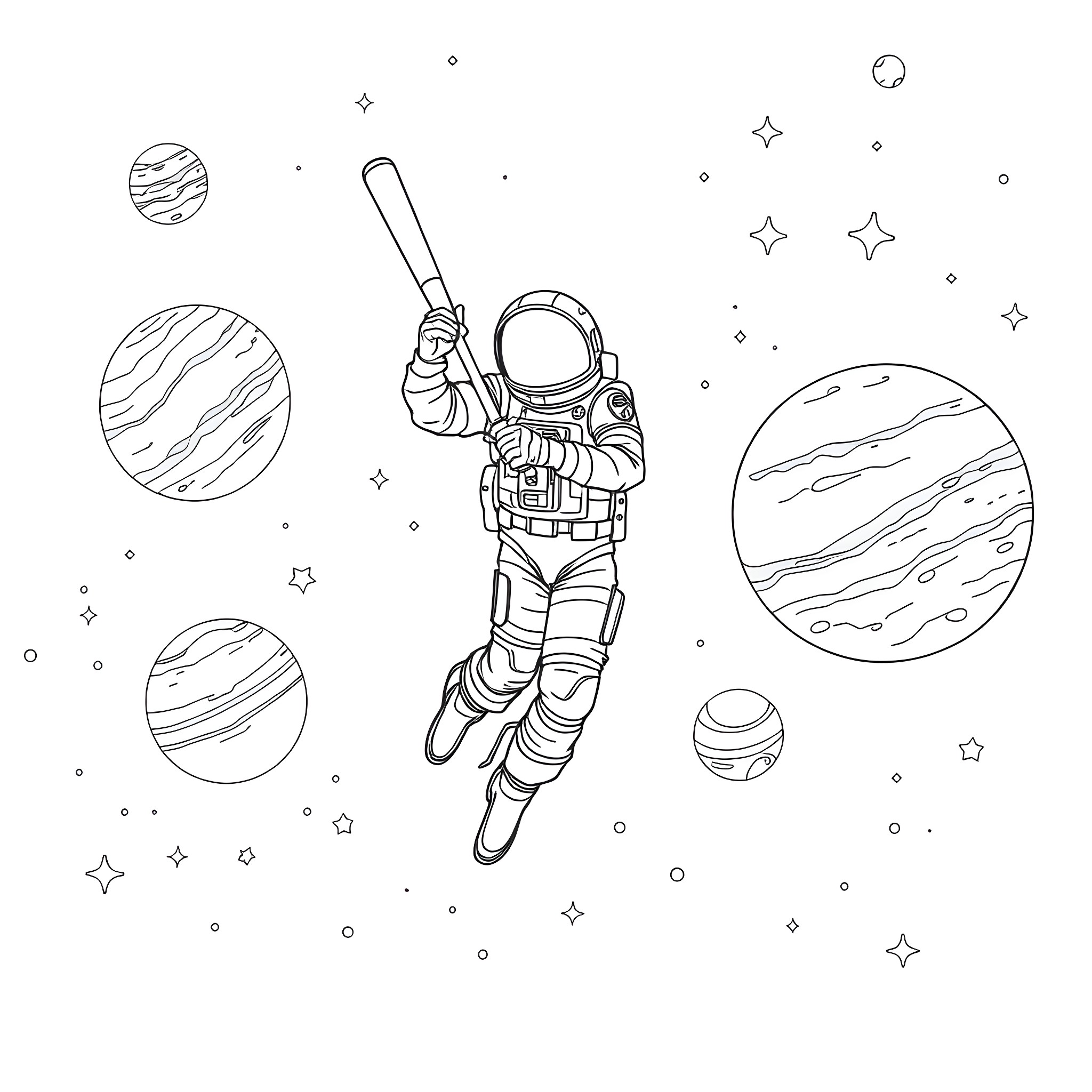Willy Mays Exploring the Cosmos Coloring Page (free black-and-white line drawing printable PDF for all, from beginners to advanced learners, including children, teens, adults, and seniors)