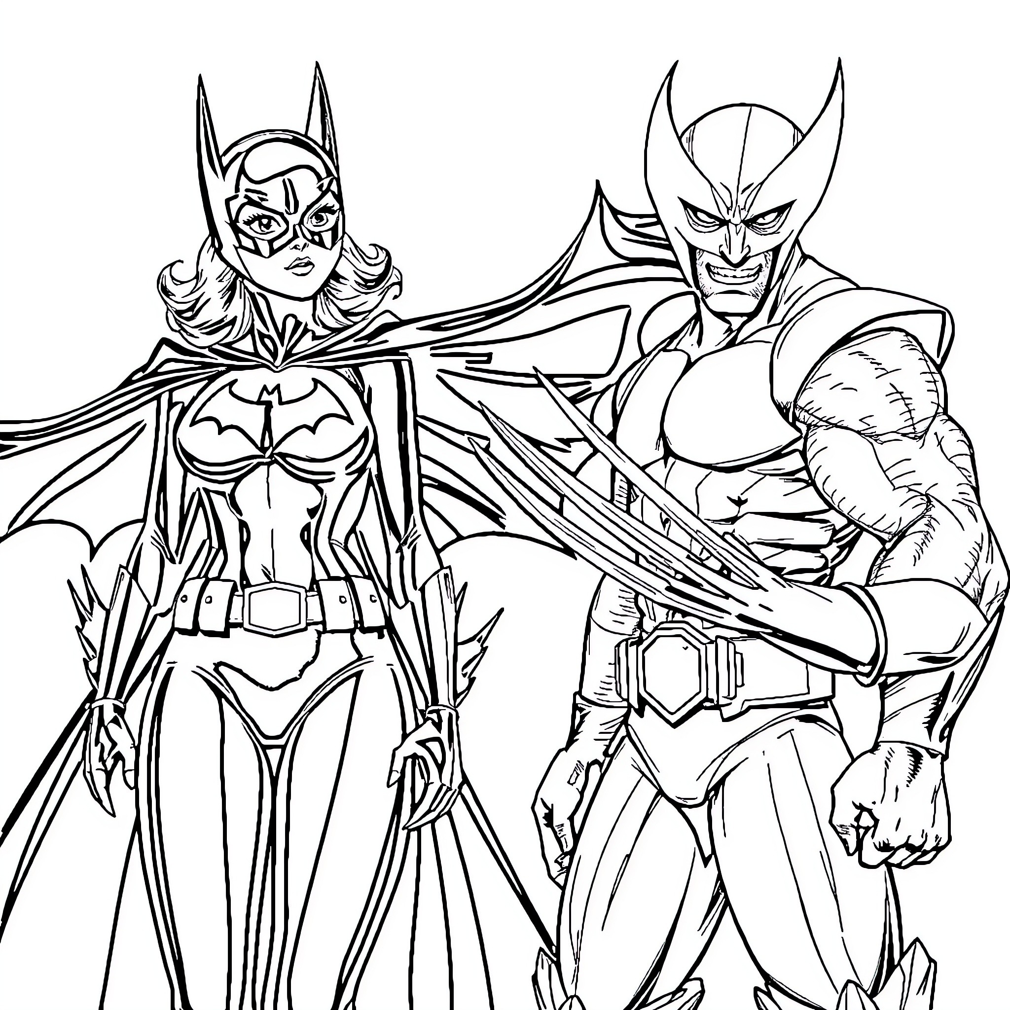 Batgirl and Wolverine in action-packed adventure Coloring Page (free black-and-white line drawing printable PDF for all, from beginners to advanced learners, including children, teens, adults, and seniors)