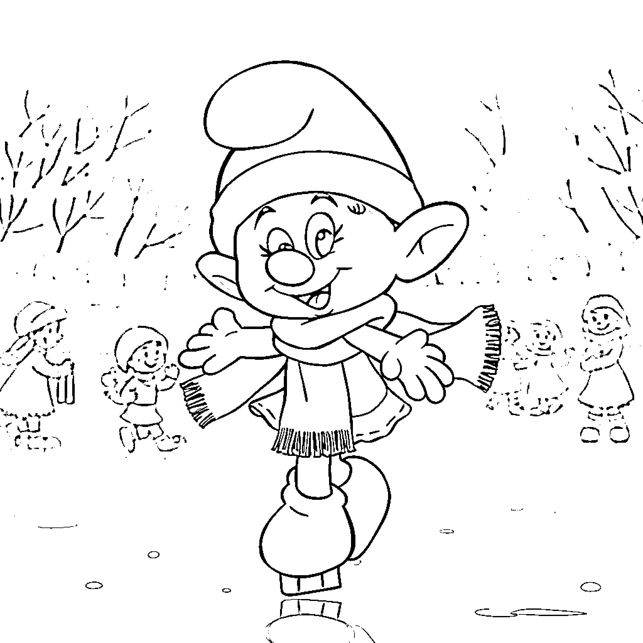 Smurfette's Festive Frolicking with Friends Coloring Page (free black-and-white line drawing printable PDF for all, from beginners to advanced learners, including children, teens, adults, and seniors)