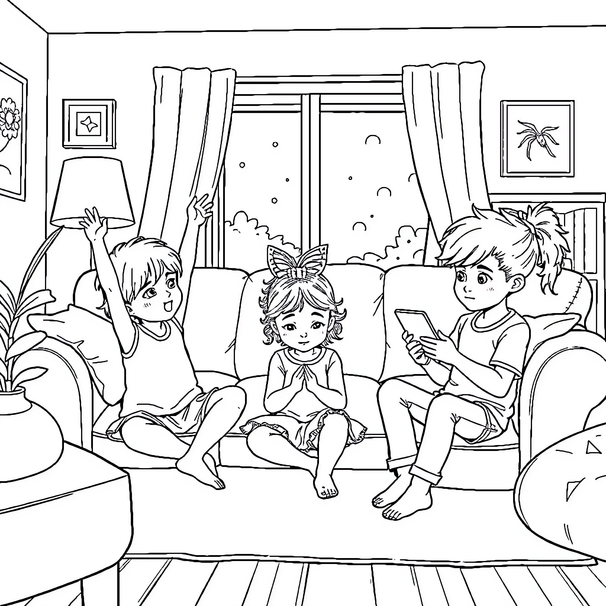 Kid siblings having a cozy indoor day Coloring Page (free black-and-white line drawing printable PDF for all, from beginners to advanced learners, including children, teens, adults, and seniors)