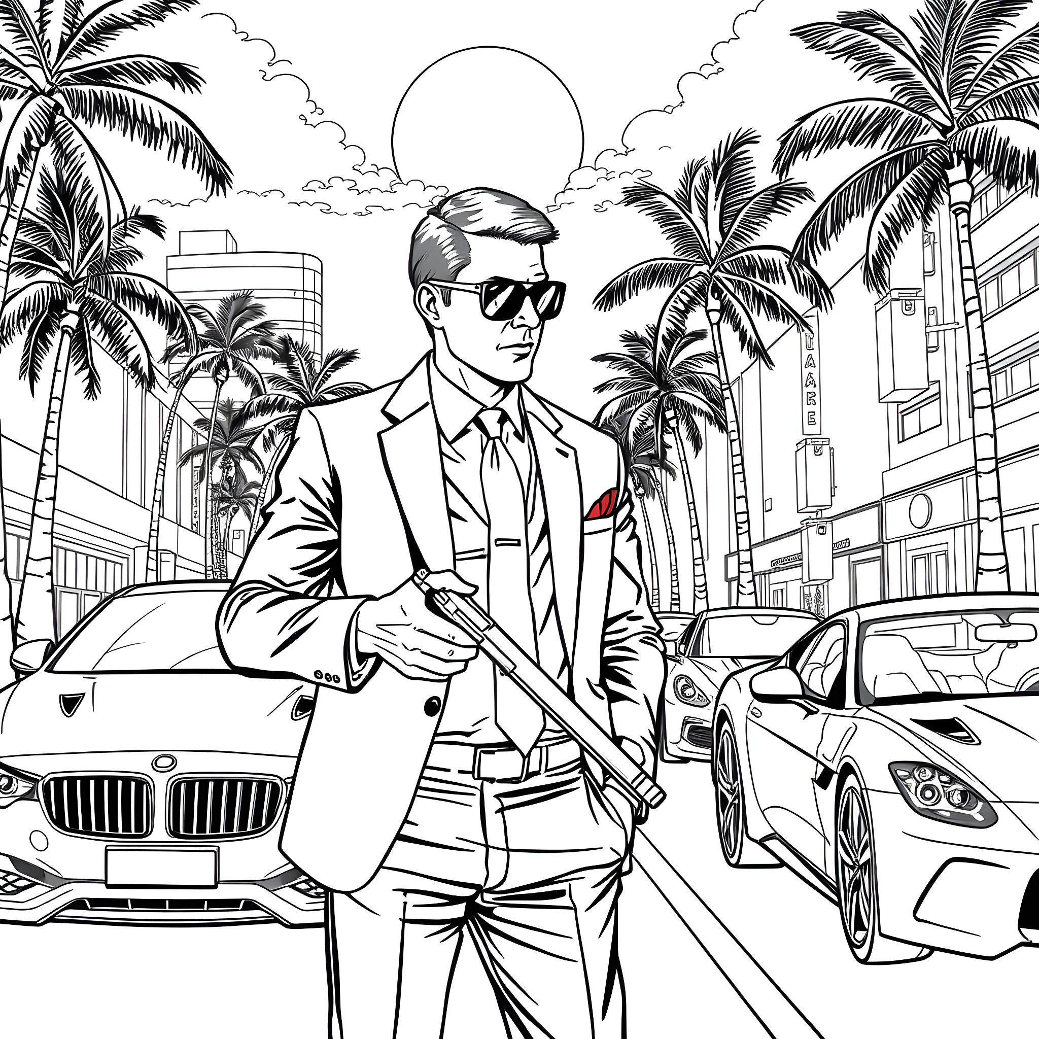 Brett Florence's Stylish Stroll through the City Lights Coloring Page (free black-and-white line drawing printable PDF for all, from beginners to advanced learners, including children, teens, adults, and seniors)